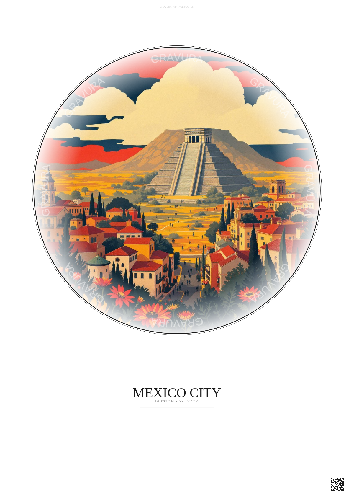 Affiche Mexico City – Poster illustration vintage – Famous Viewpoint Of Mexico City | Gravura – Fond clair