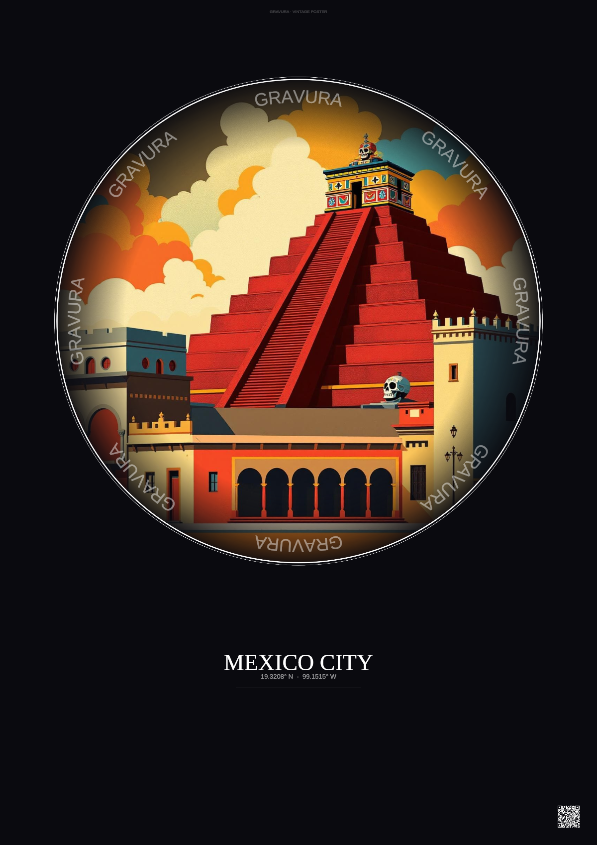 Affiche Mexico City – Poster illustration vintage – Historic Old Town Of Mexico City | Gravura – Fond foncé