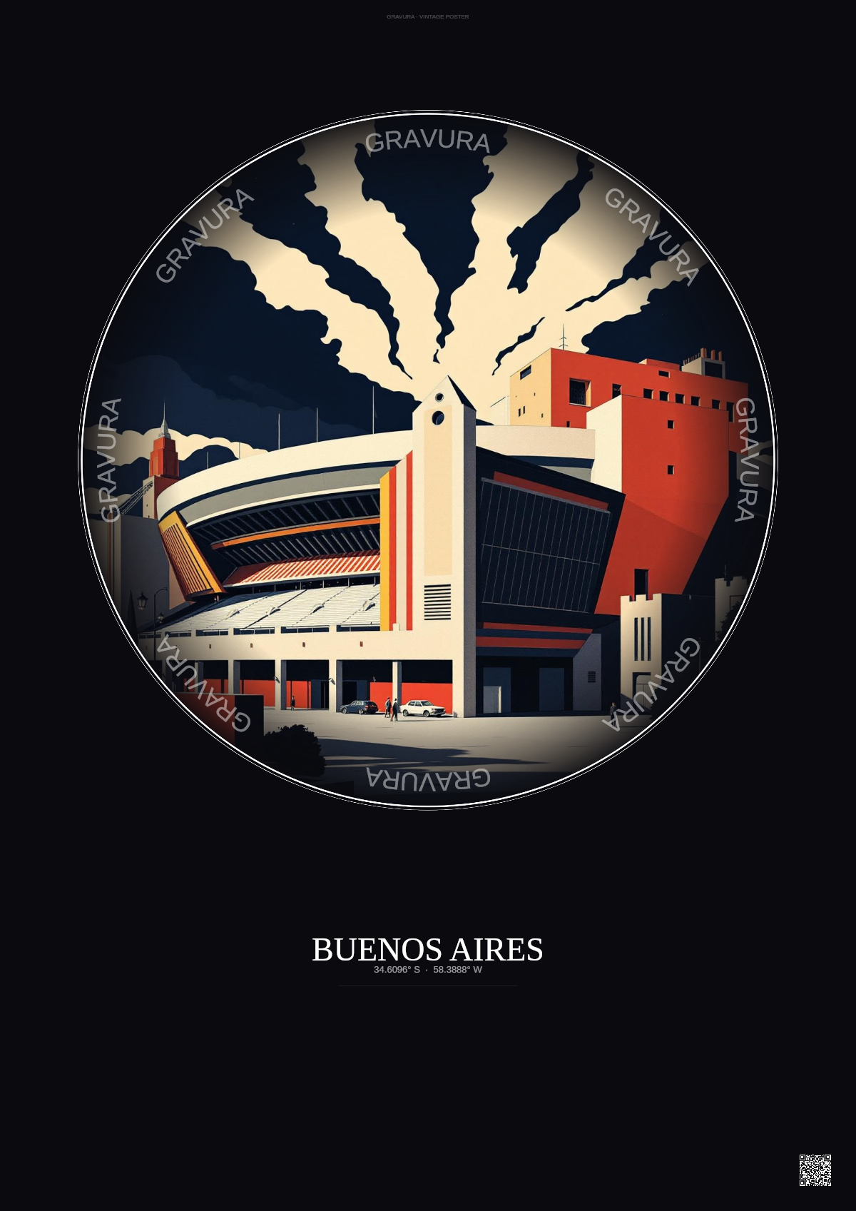 Affiche Buenos Aires – Poster illustration vintage – Mas Monumental Stadium | Gravura – Fond foncé