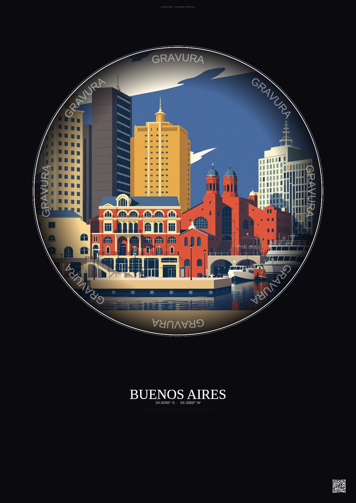 Affiche Buenos Aires – Poster illustration vintage – Puerto Madero | Gravura – Fond foncé