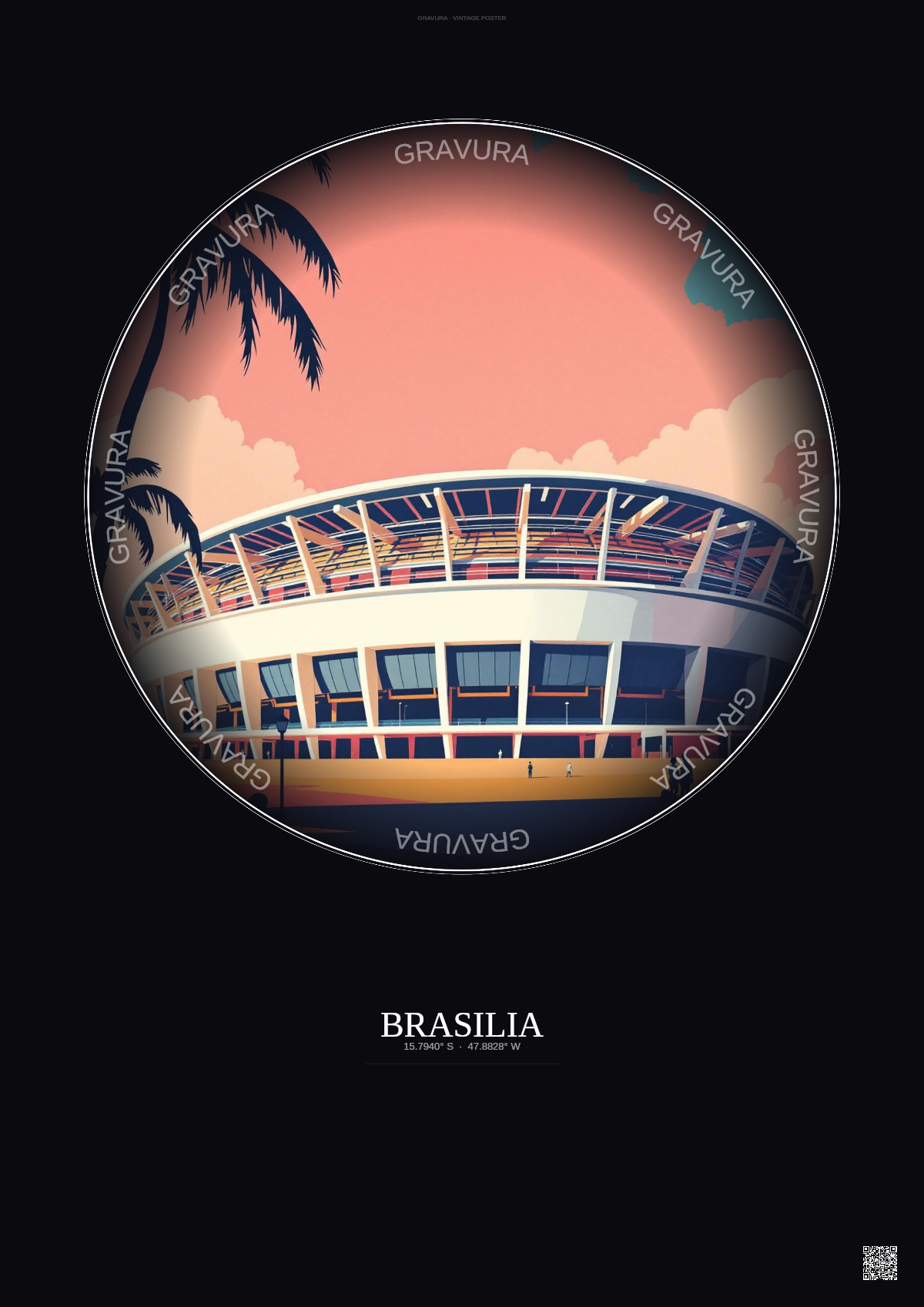 Affiche Brasilia – Poster illustration vintage – Estadio Nacional De Brasilia | Gravura – Fond foncé