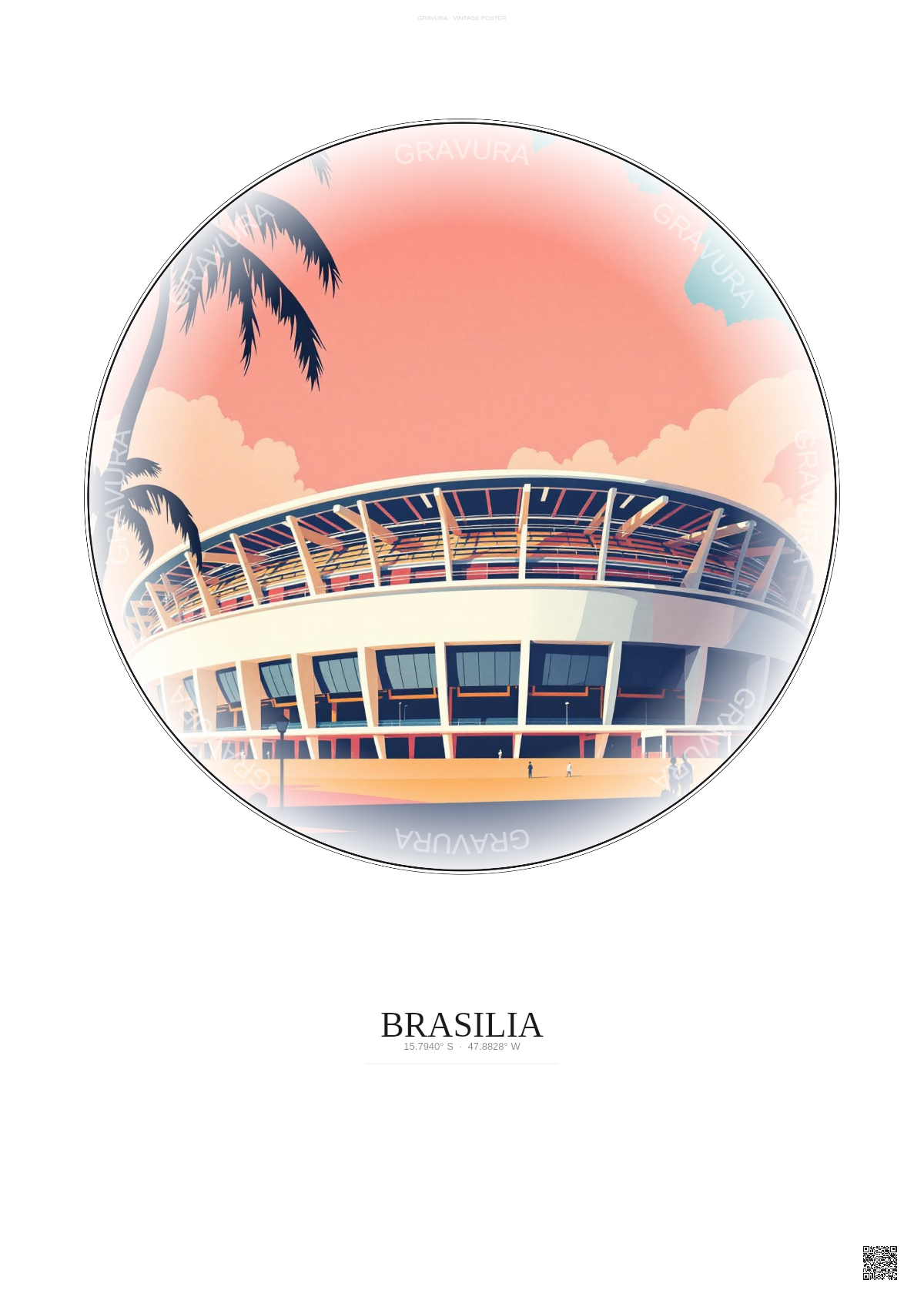 Affiche Brasilia – Poster illustration vintage – Estadio Nacional De Brasilia | Gravura – Fond clair
