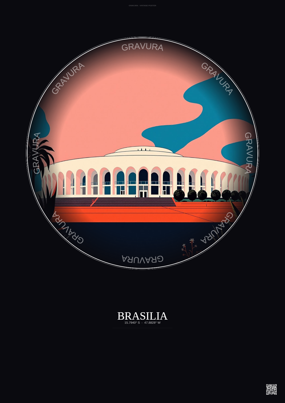 Affiche Brasilia – Poster illustration vintage – Palacio Do Planalto | Gravura – Fond foncé