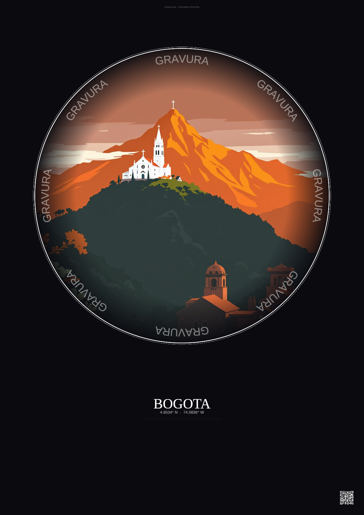 Affiche Bogota – Poster illustration vintage – Most Iconic Landmark Of Bogota | Gravura – Fond foncé