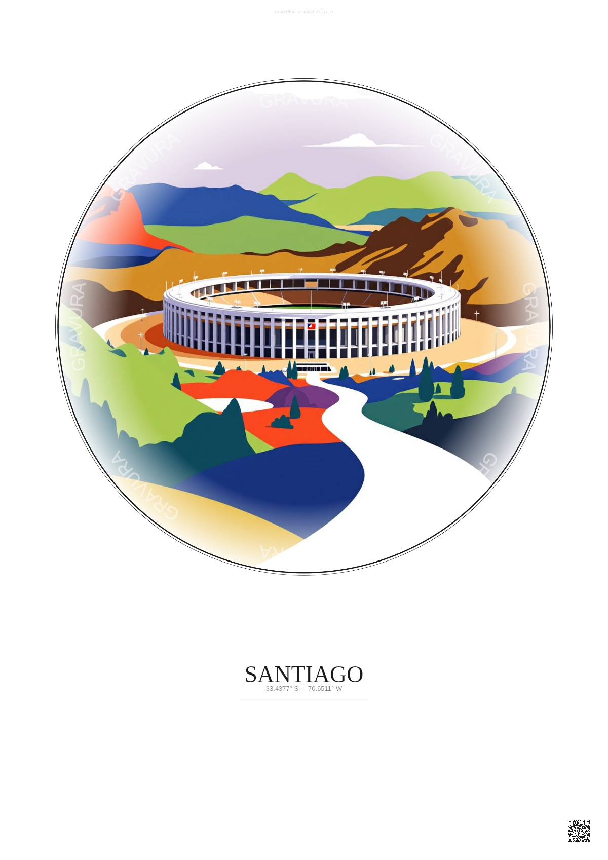 Affiche Santiago – Poster illustration vintage – Estadio Monumental | Gravura – Fond clair
