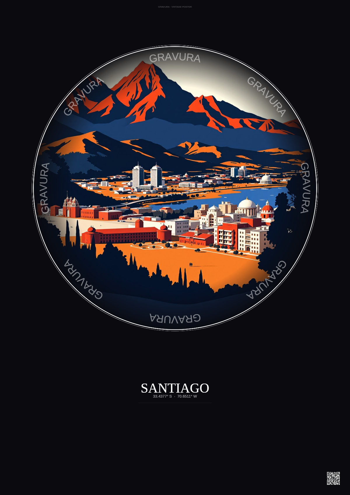 Affiche Santiago – Poster illustration vintage – Santiago | Gravura – Fond foncé