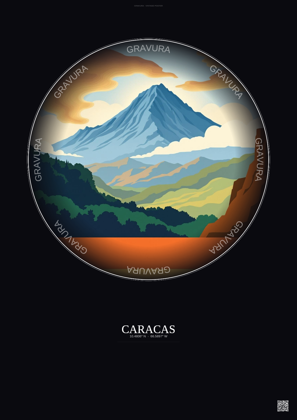 Affiche Caracas – Poster illustration vintage – Avila Mountain | Gravura – Fond foncé