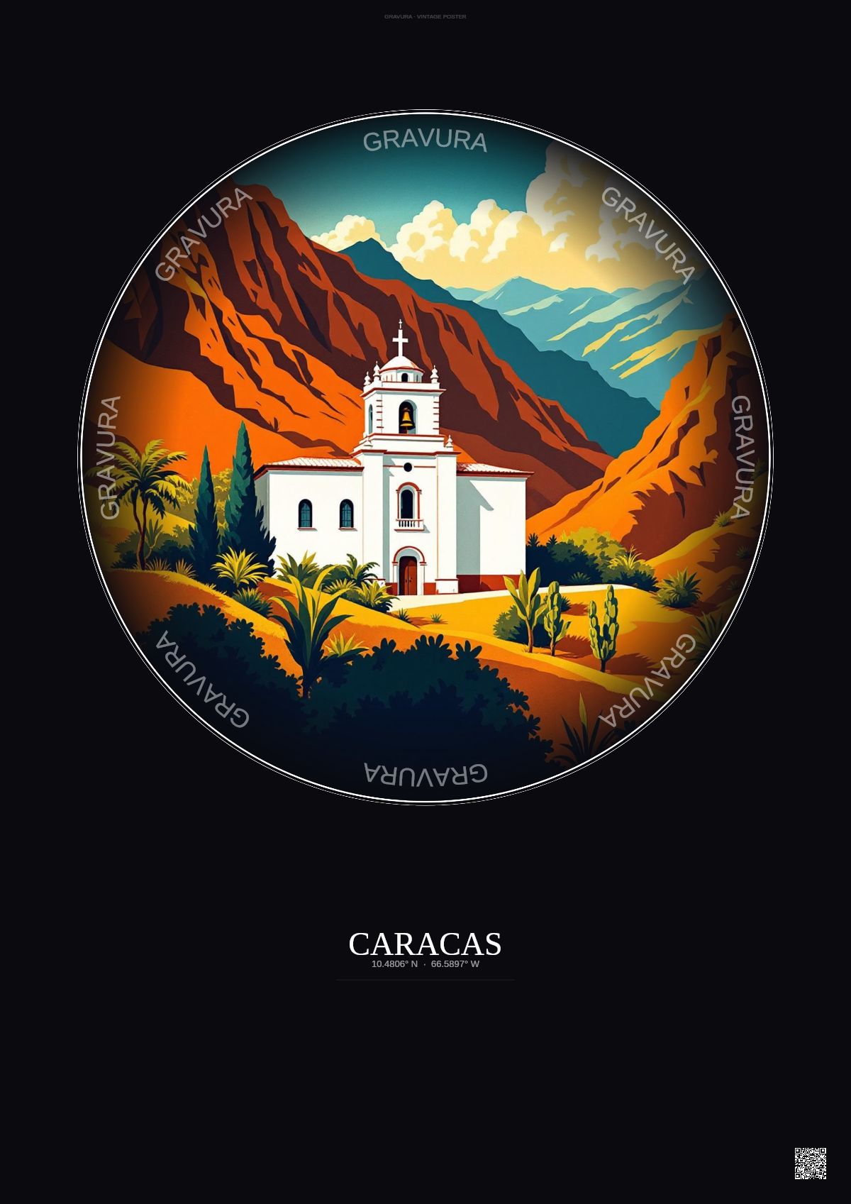 Affiche Caracas – Poster illustration vintage – Mariperez Church | Gravura – Fond foncé