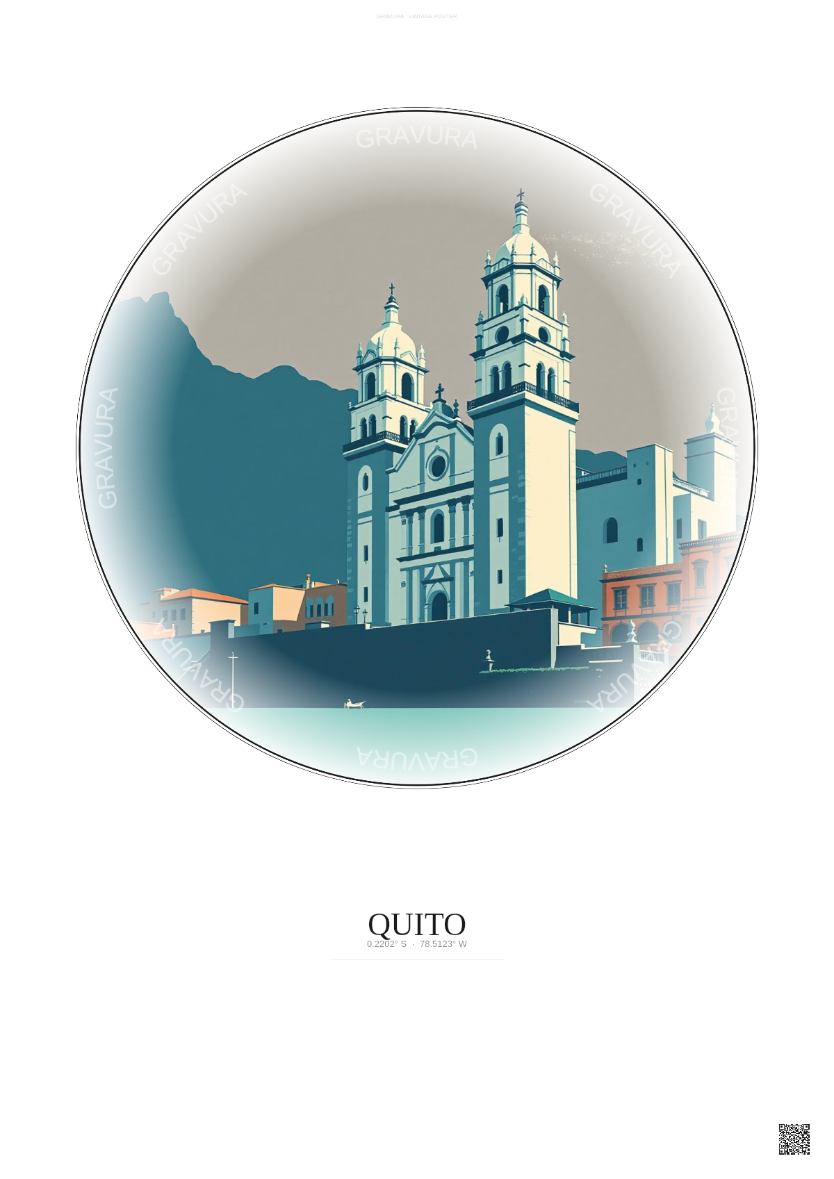 Affiche Quito – Poster illustration vintage – Cathedral Of Quito | Gravura – Fond clair