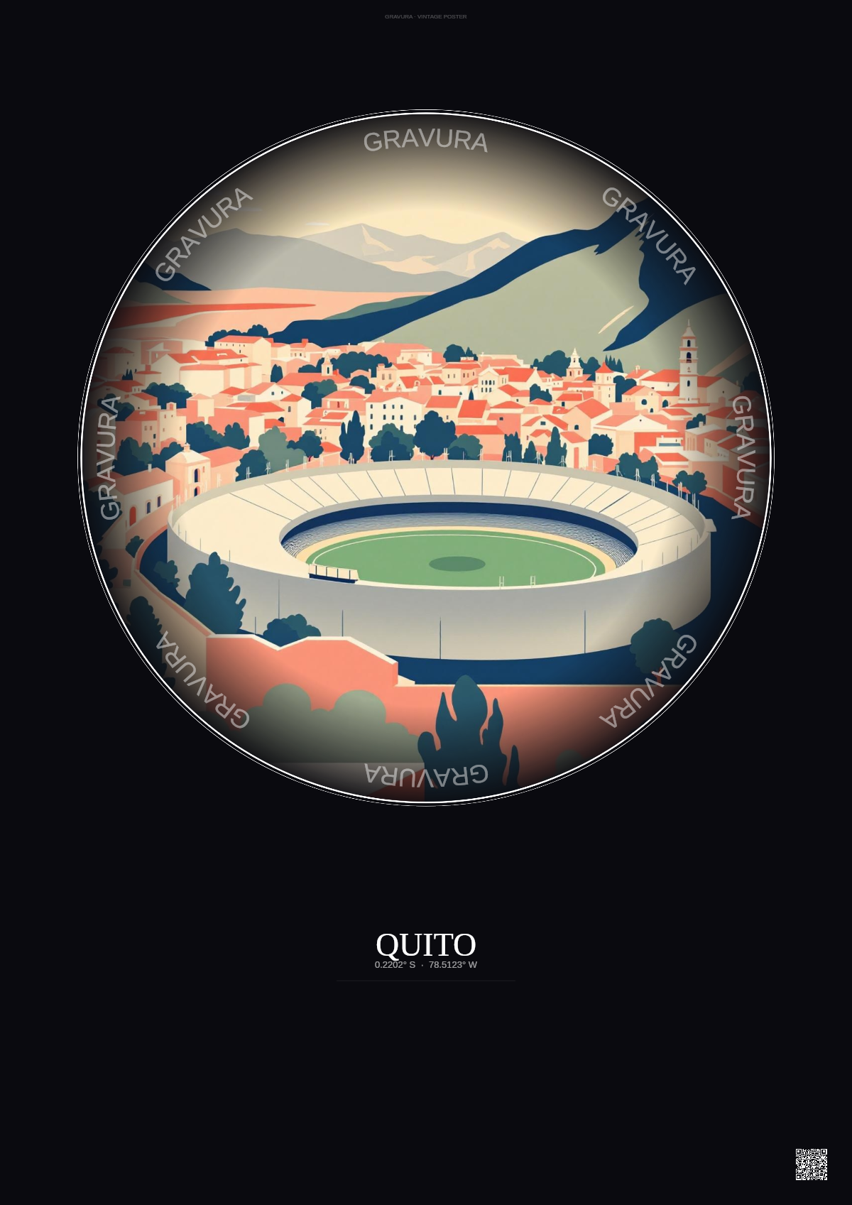 Affiche Quito – Poster illustration vintage – Estadio Olimpico Atahualpa | Gravura – Fond foncé