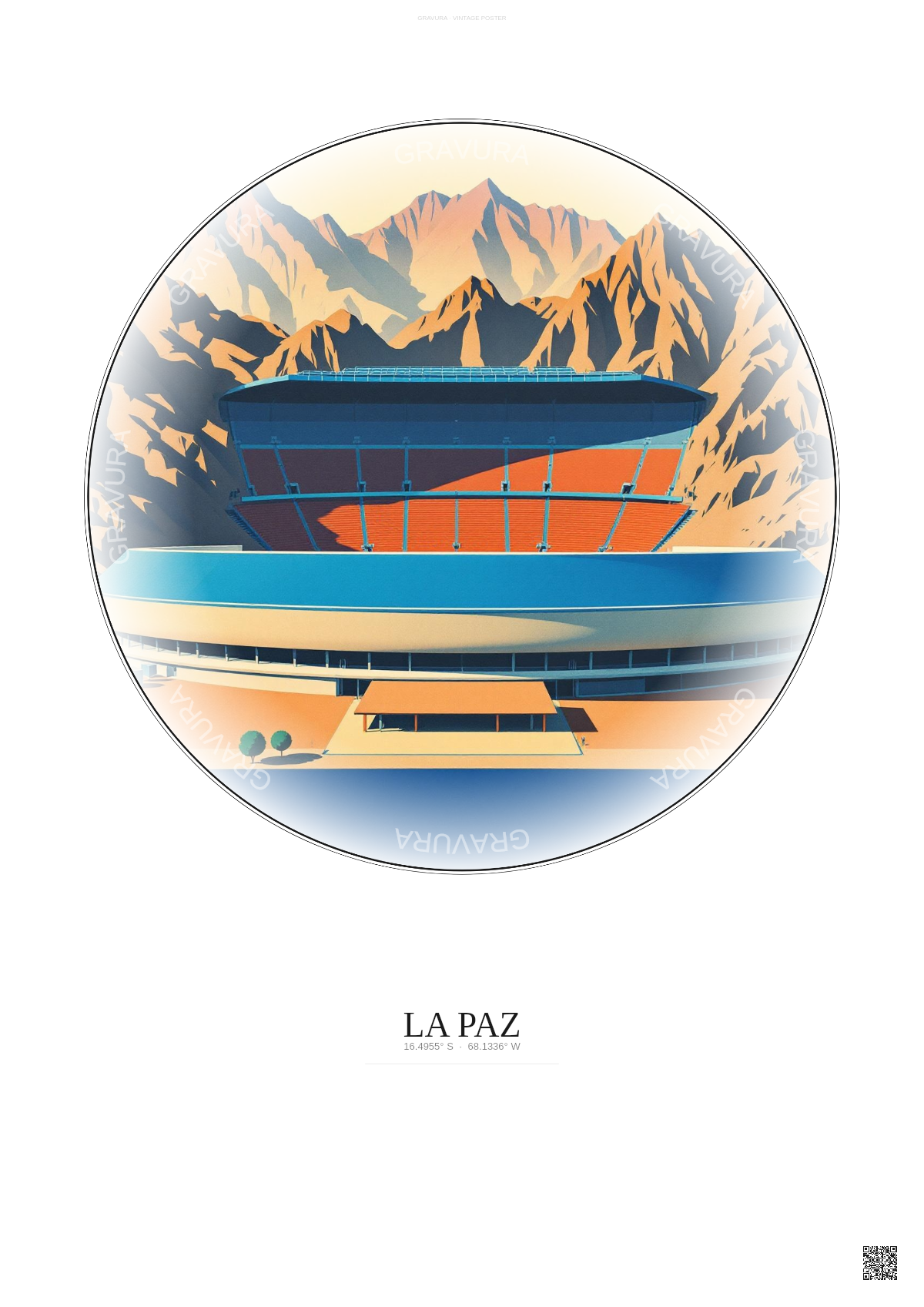 Affiche La Paz – Poster illustration vintage – Estadio Hernando Siles | Gravura – Fond clair