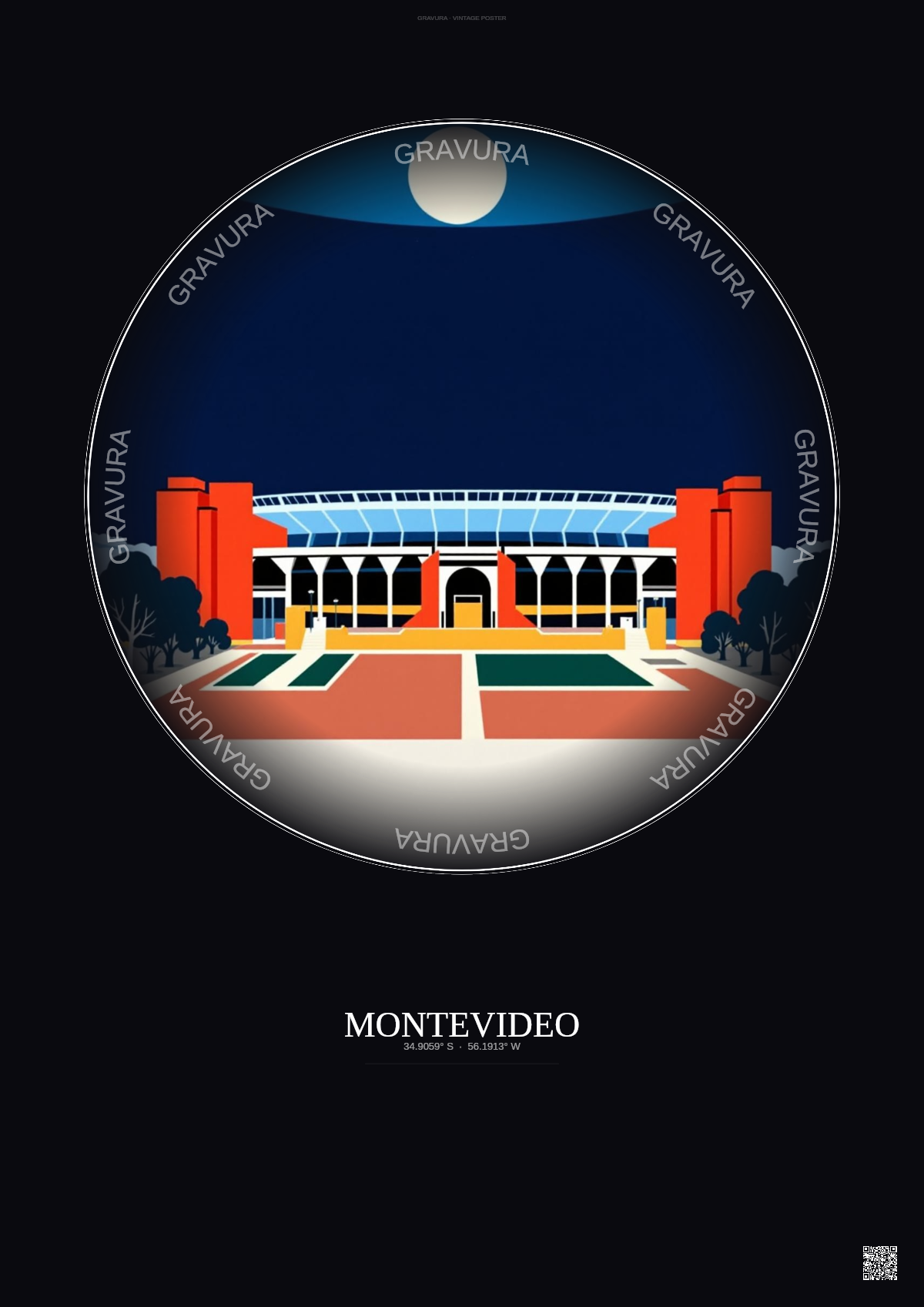 Affiche Montevideo – Poster illustration vintage – Estadio Centenario | Gravura – Fond foncé