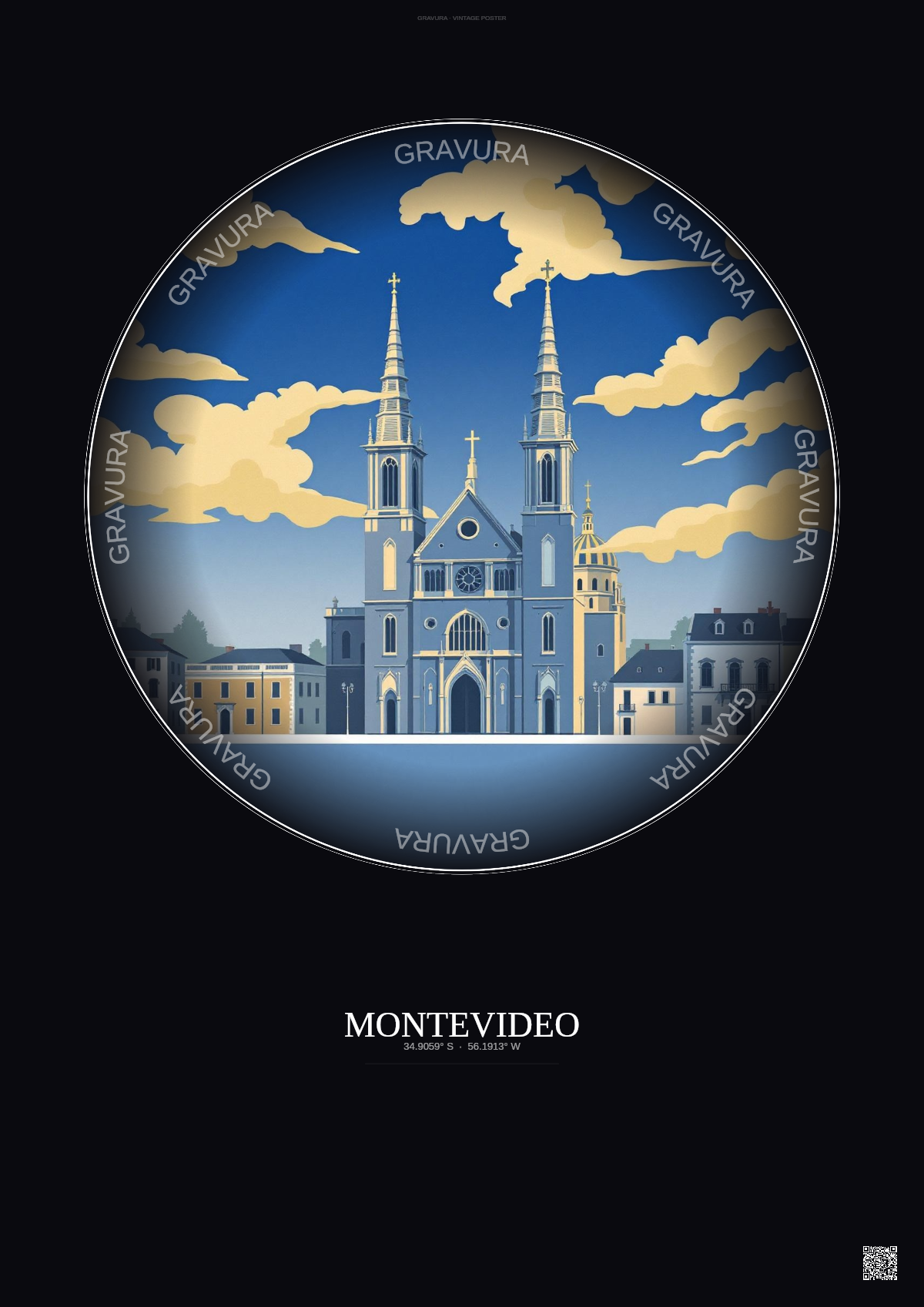 Affiche Montevideo – Poster illustration vintage – Metropolitan Basilica Cathedral Of The Immaculate Conception And San Felipe And Santiago | Gravura – Fond foncé