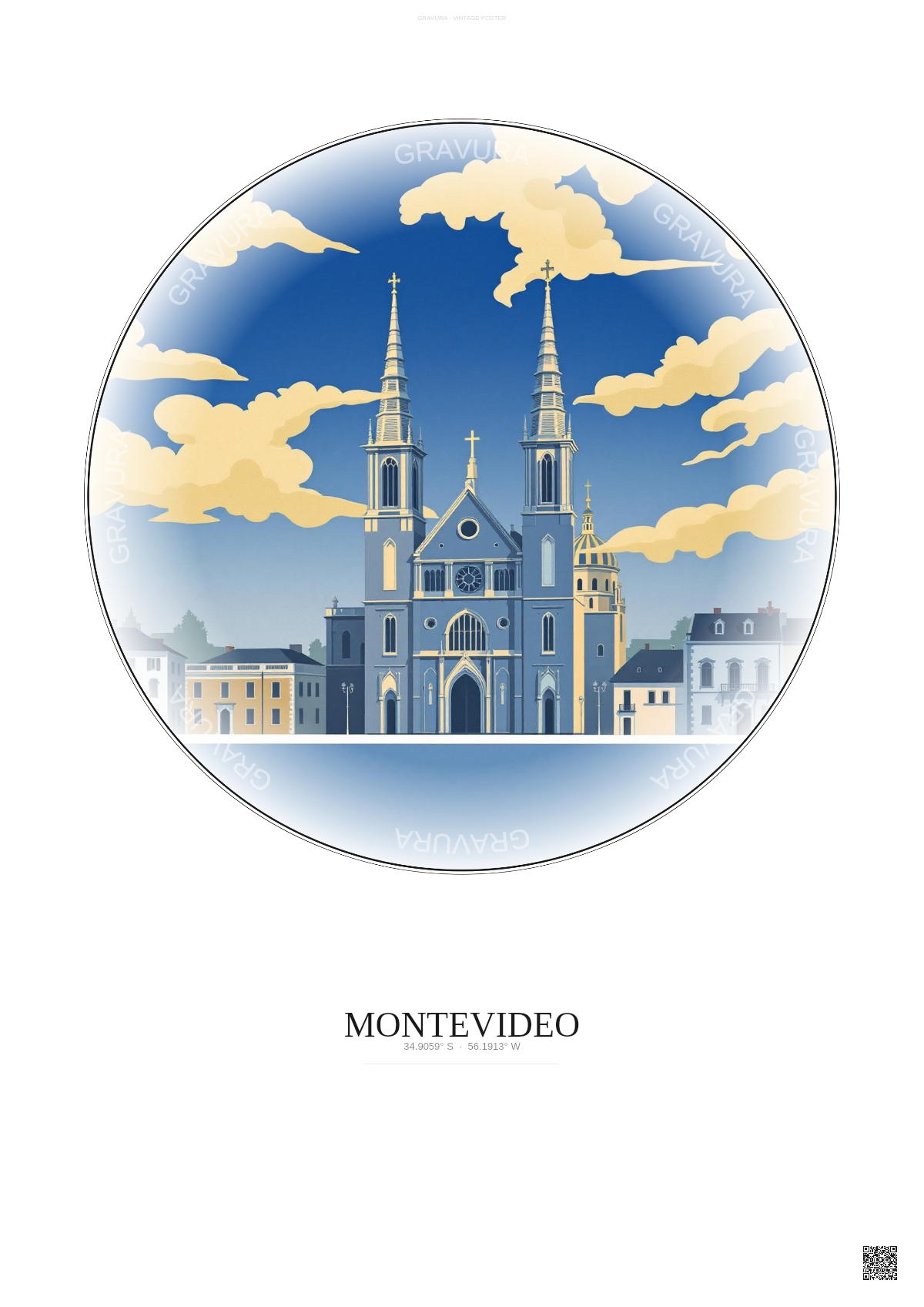 Affiche Montevideo – Poster illustration vintage – Metropolitan Basilica Cathedral Of The Immaculate Conception And San Felipe And Santiago | Gravura – Fond clair