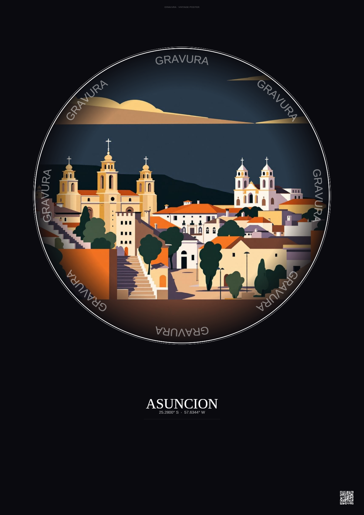 Affiche Asuncion – Poster illustration vintage – Historic Old Town Of Asuncion | Gravura – Fond foncé
