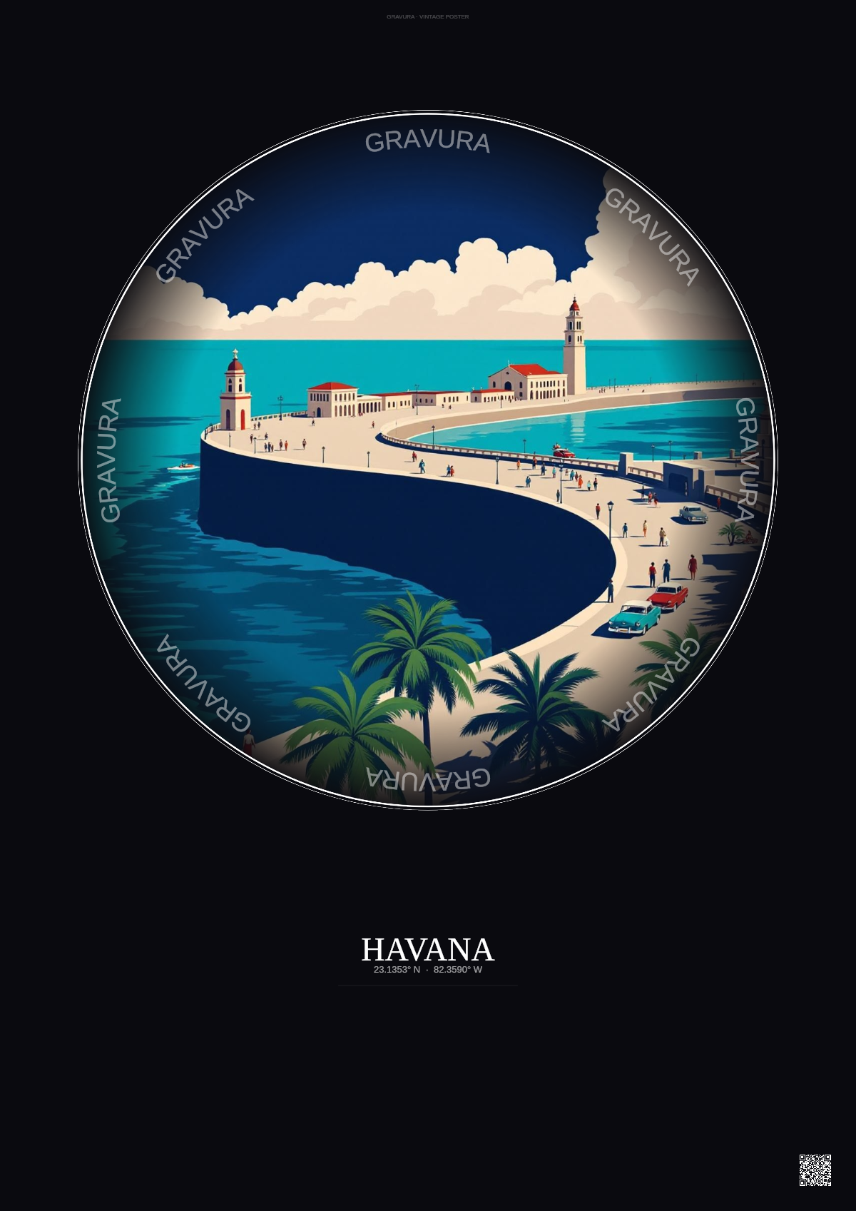 Affiche Havana – Poster illustration vintage – Malecon | Gravura – Fond foncé