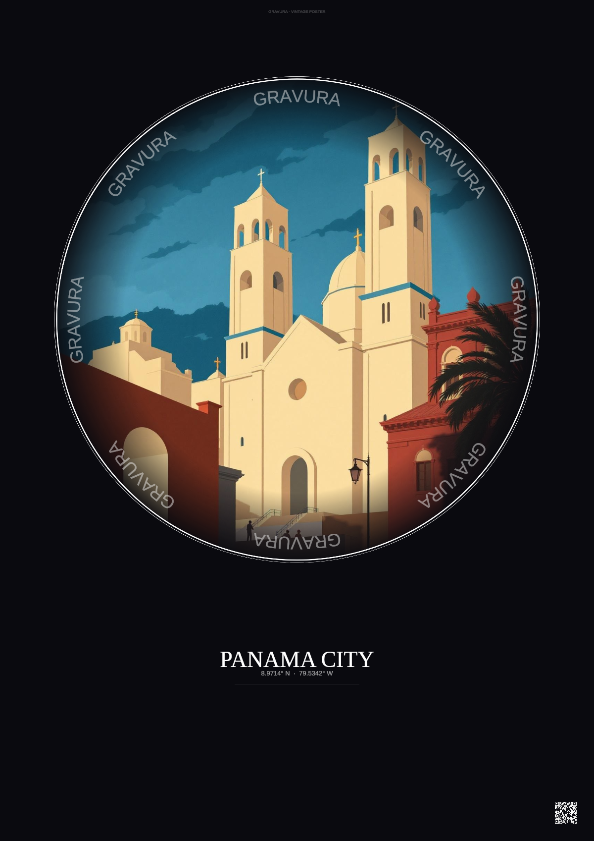 Affiche Panama City – Poster illustration vintage – Metropolitan Cathedral Of Panama City | Gravura – Fond foncé