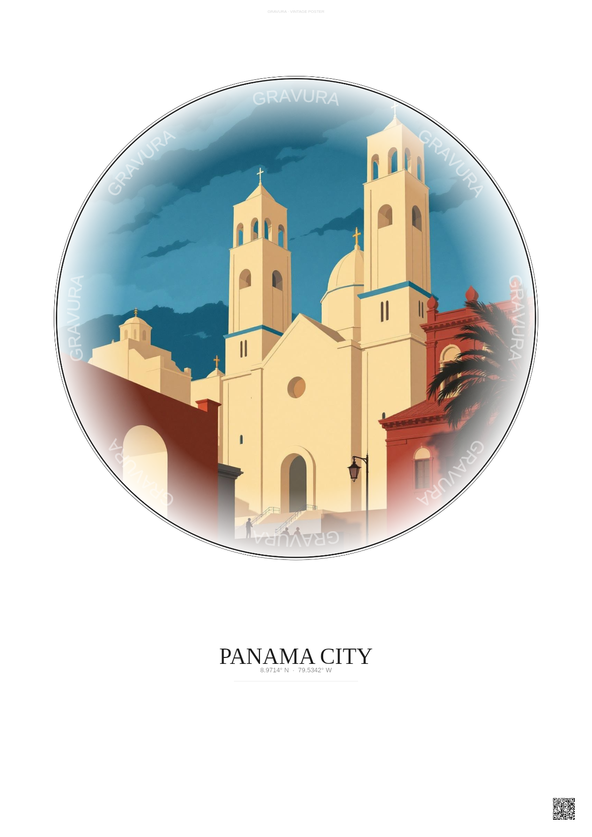 Affiche Panama City – Poster illustration vintage – Metropolitan Cathedral Of Panama City | Gravura – Fond clair
