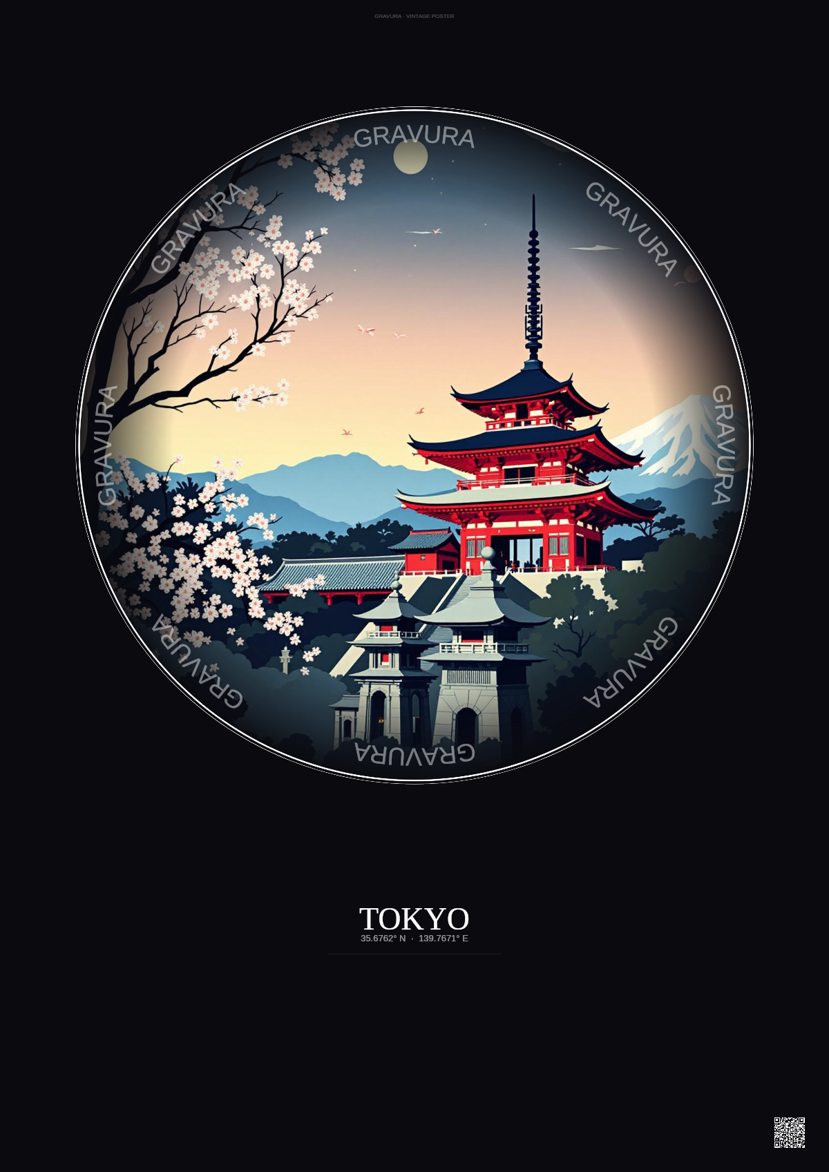 Affiche Tokyo – Poster illustration vintage – Senso Ji Temple | Gravura – Fond foncé