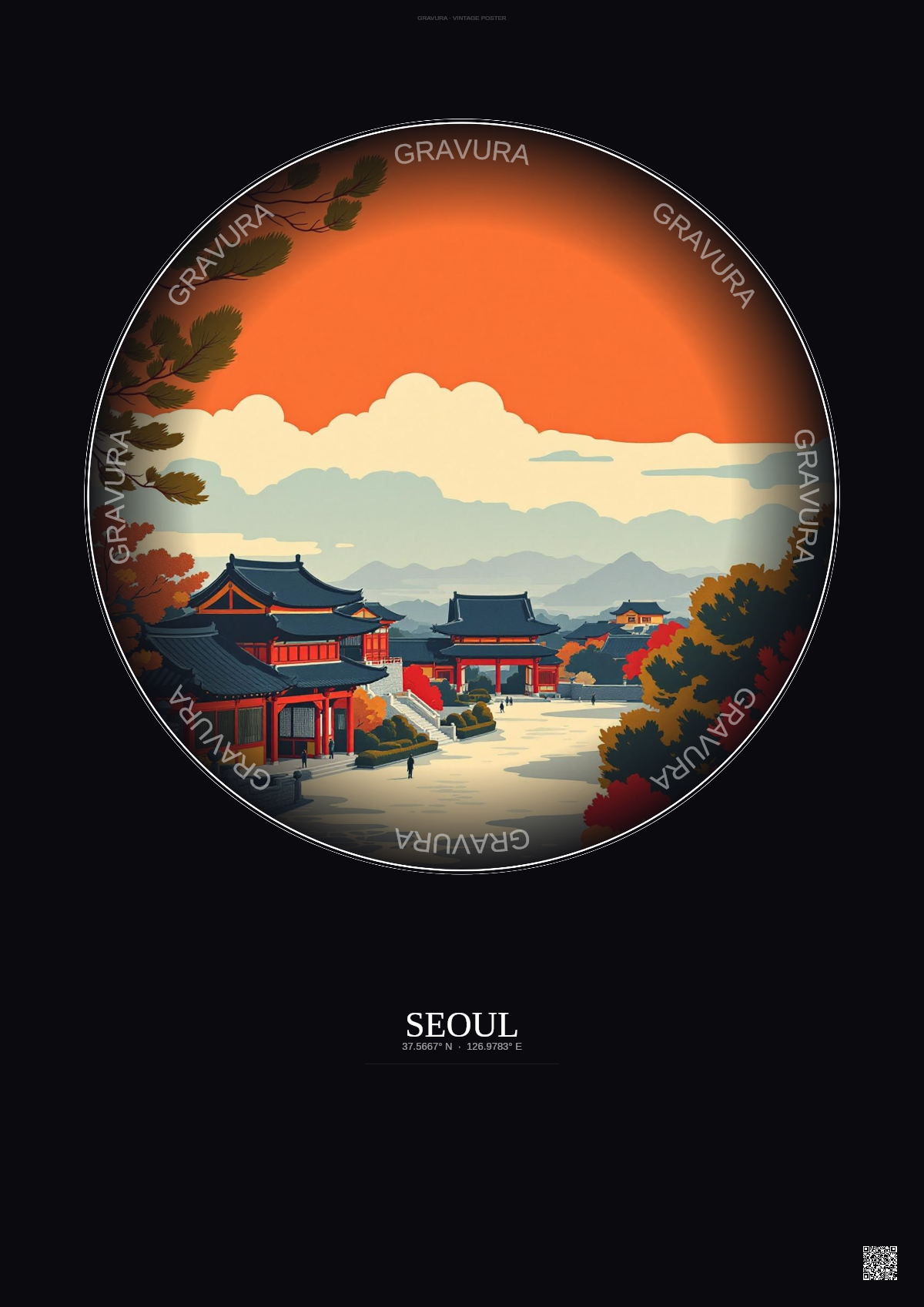 Affiche Seoul – Poster illustration vintage – Changdeokgung | Gravura – Fond foncé