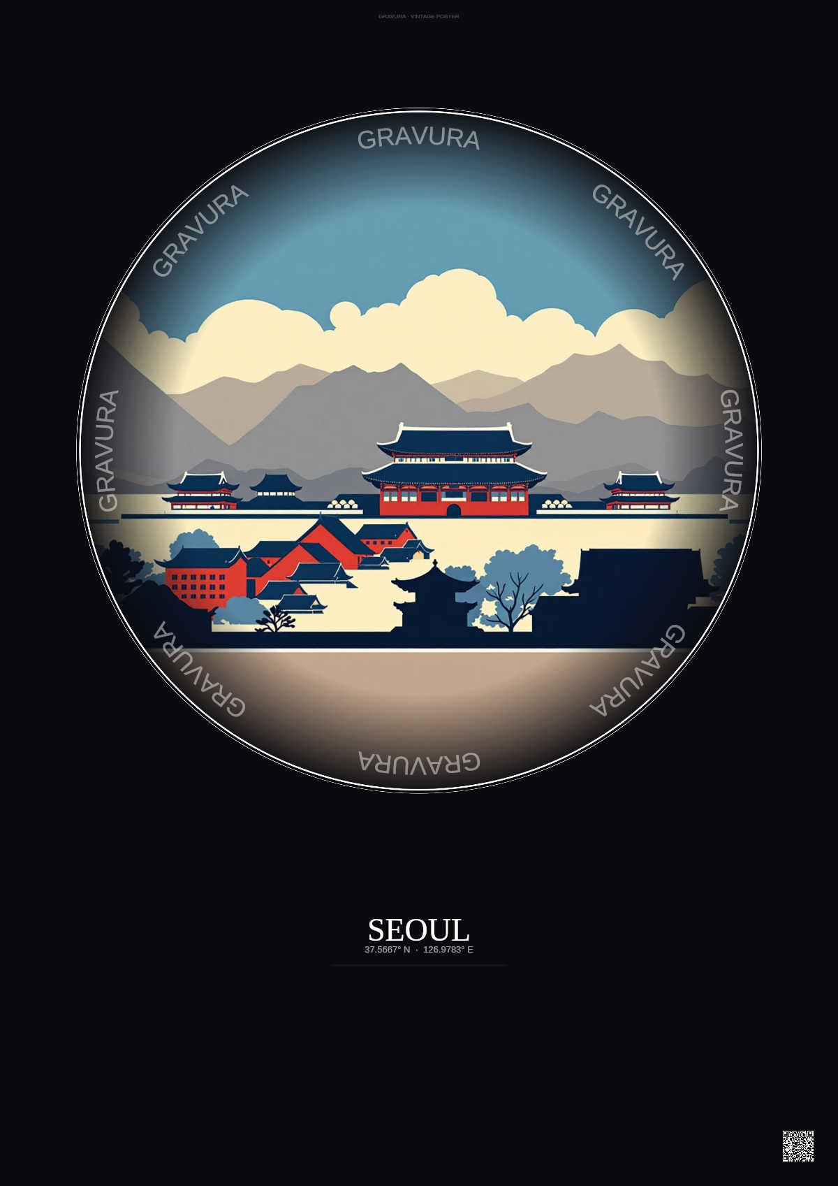Affiche Seoul – Poster illustration vintage – Gyeongbokgung | Gravura – Fond foncé