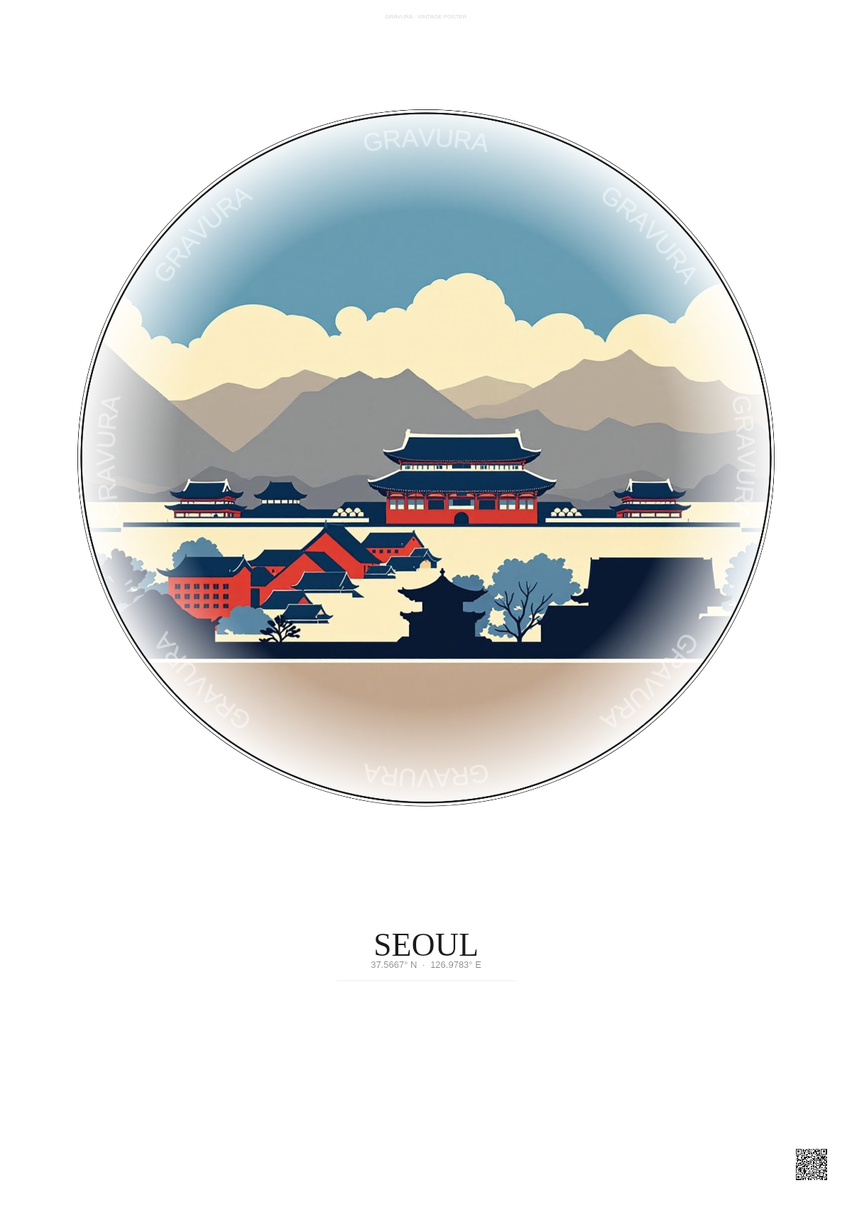 Affiche Seoul – Poster illustration vintage – Gyeongbokgung | Gravura – Fond clair