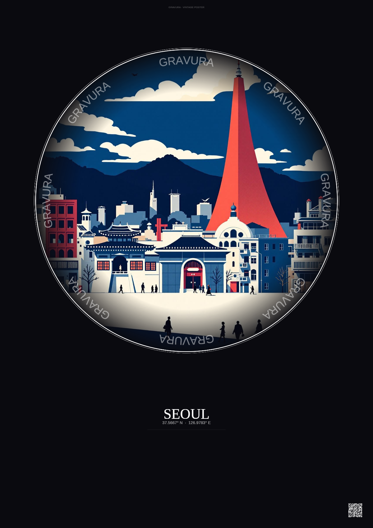 Affiche Seoul – Poster illustration vintage – Seoul | Gravura – Fond foncé