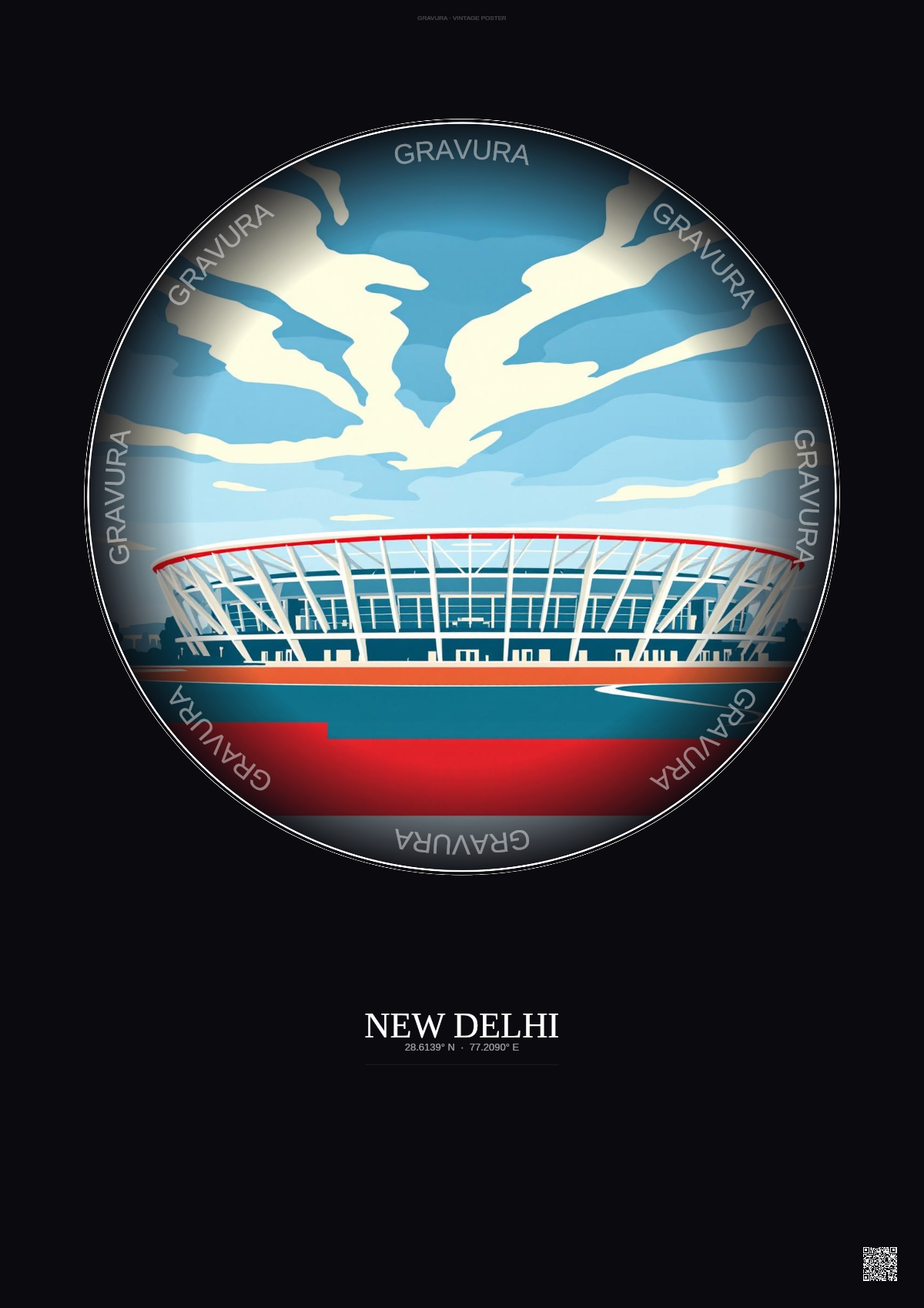Affiche New Delhi – Poster illustration vintage – Jawaharlal Nehru Stadium | Gravura – Fond foncé