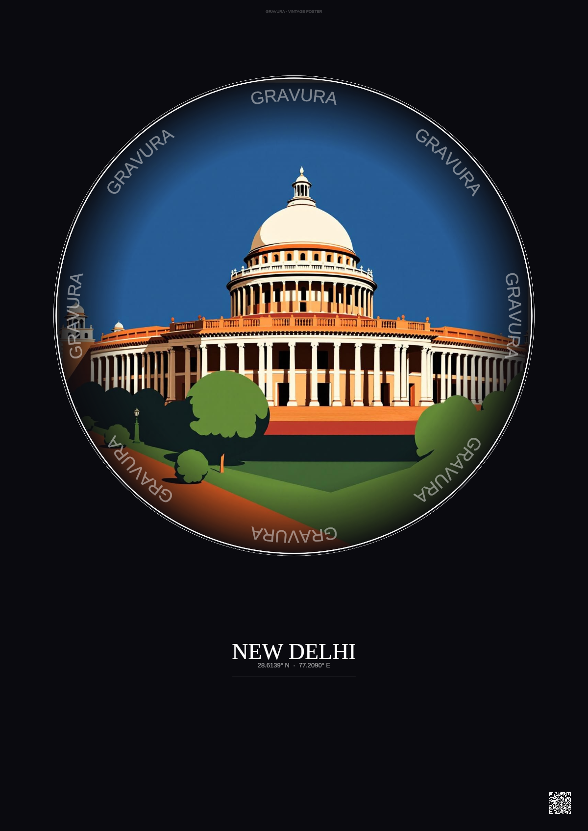 Affiche New Delhi – Poster illustration vintage – Old Parliament House | Gravura – Fond foncé