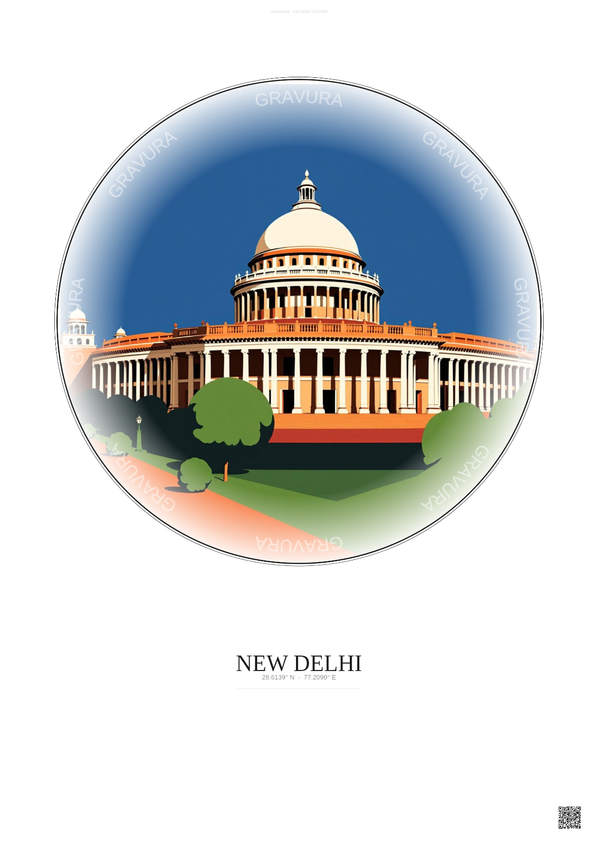Affiche New Delhi – Poster illustration vintage – Old Parliament House | Gravura – Fond clair