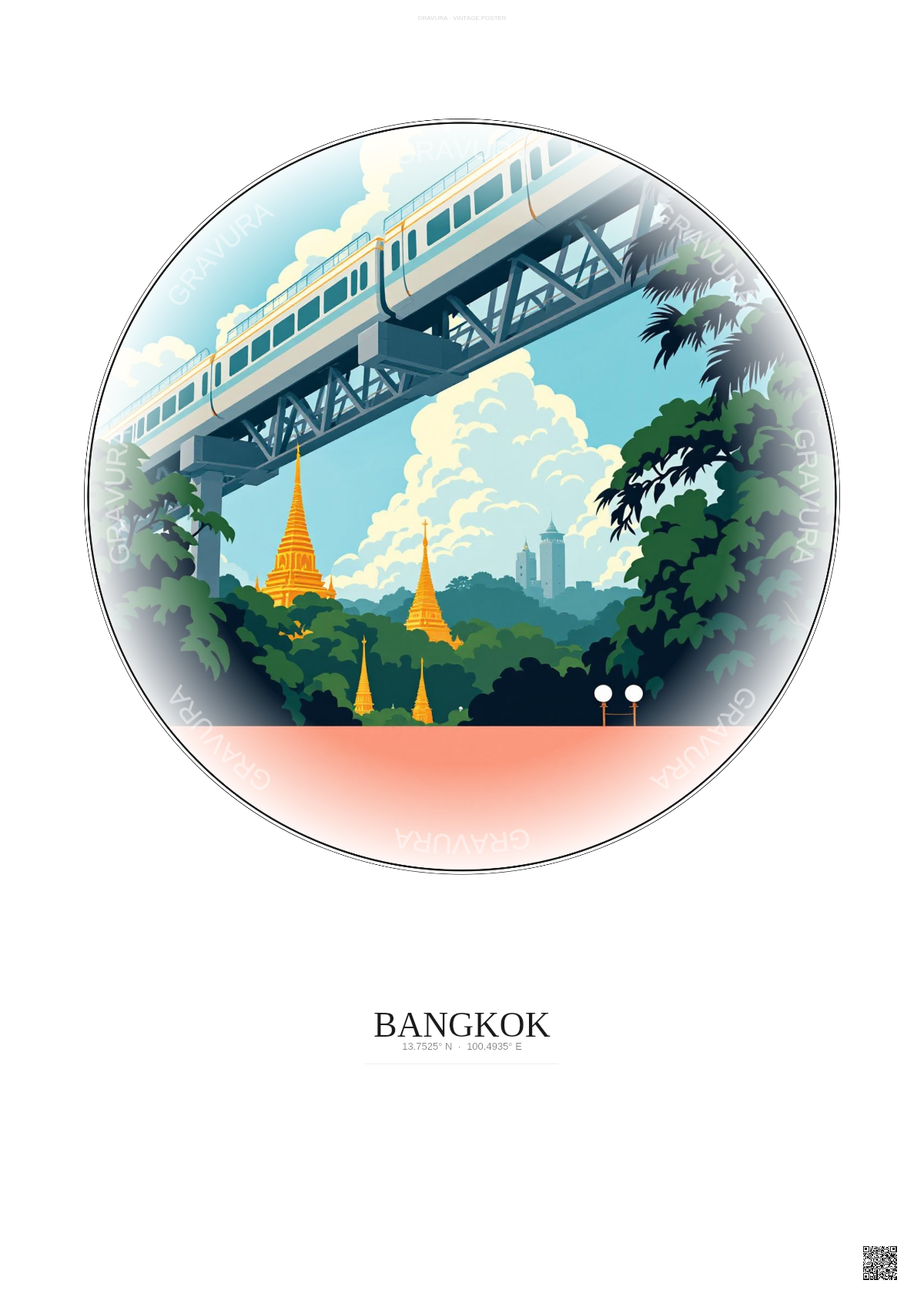 Affiche Bangkok – Poster illustration vintage – Bts Skytrain | Gravura – Fond clair