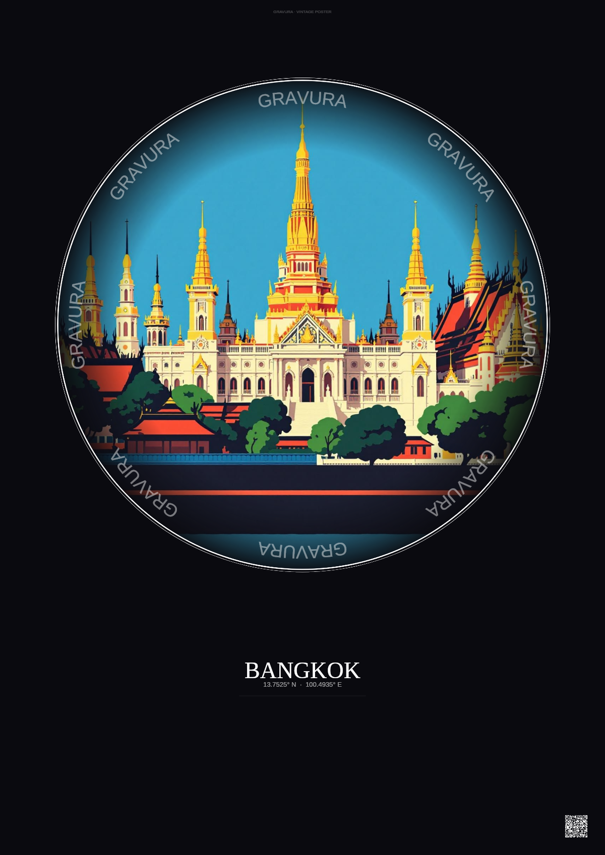 Affiche Bangkok – Poster illustration vintage – Grand Palace | Gravura – Fond foncé