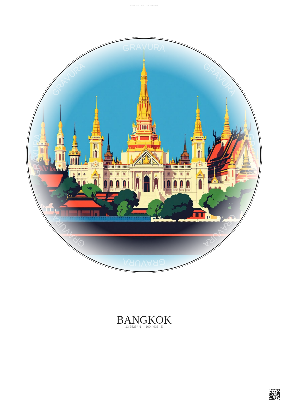 Affiche Bangkok – Poster illustration vintage – Grand Palace | Gravura – Fond clair