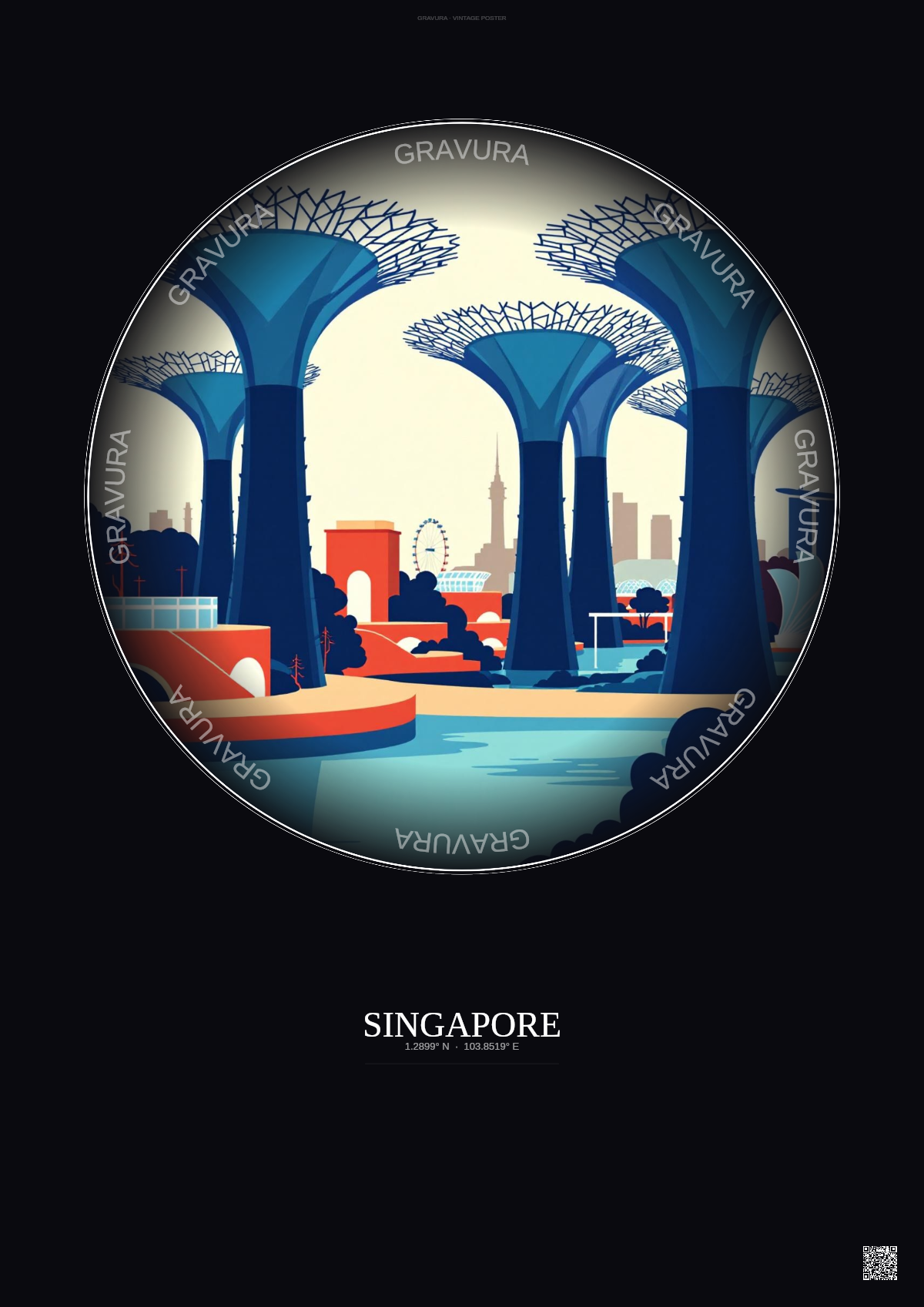Affiche Singapore – Poster illustration vintage – Gardens By The Bay | Gravura – Fond foncé