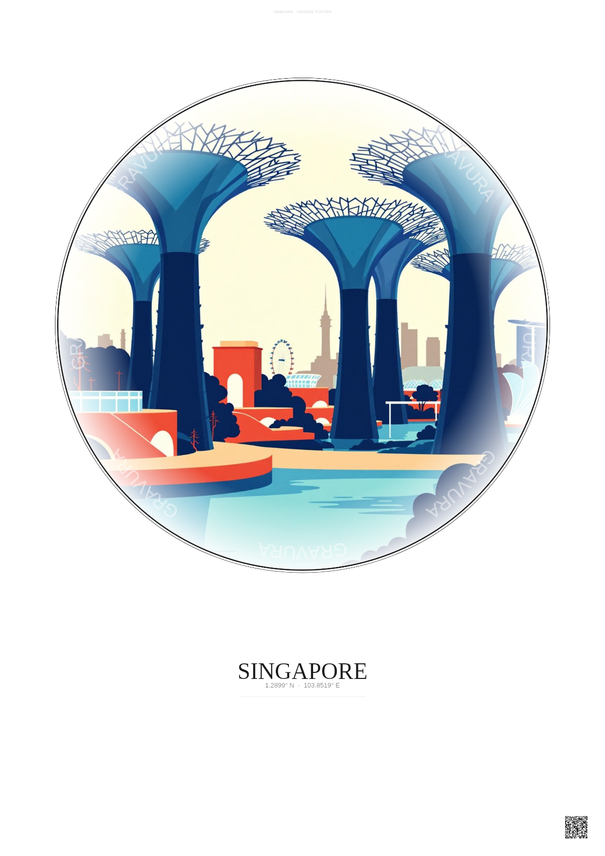 Affiche Singapore – Poster illustration vintage – Gardens By The Bay | Gravura – Fond clair