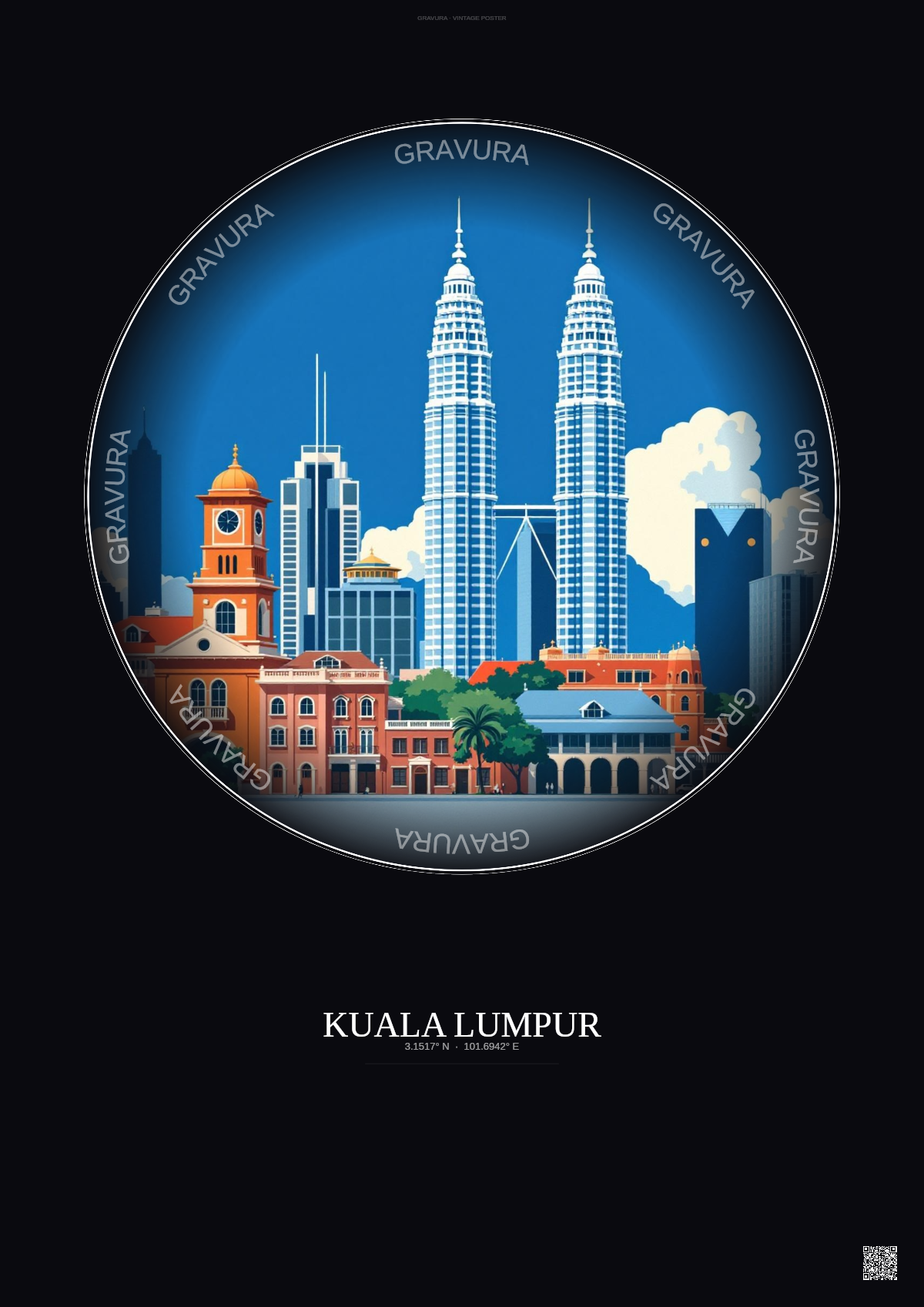 Affiche Kuala Lumpur – Poster illustration vintage – Kuala Lumpur | Gravura – Fond foncé