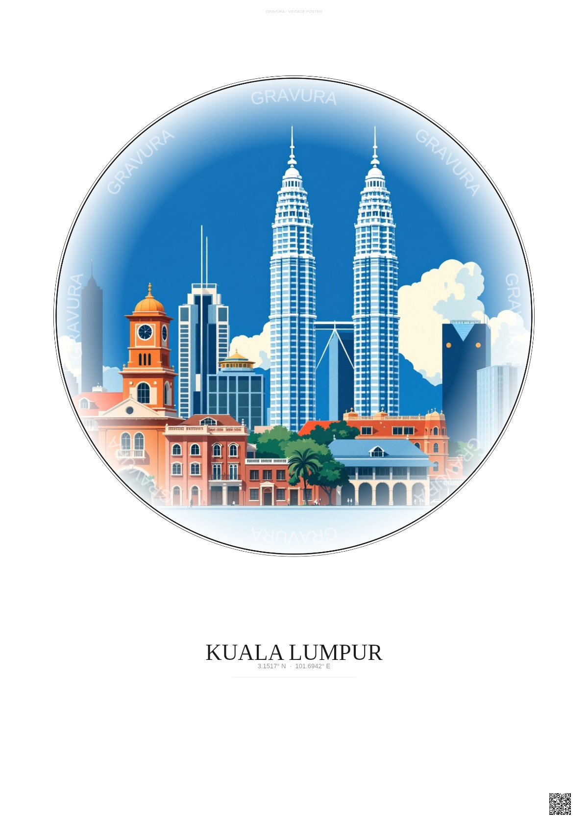 Affiche Kuala Lumpur – Poster illustration vintage – Kuala Lumpur | Gravura – Fond clair