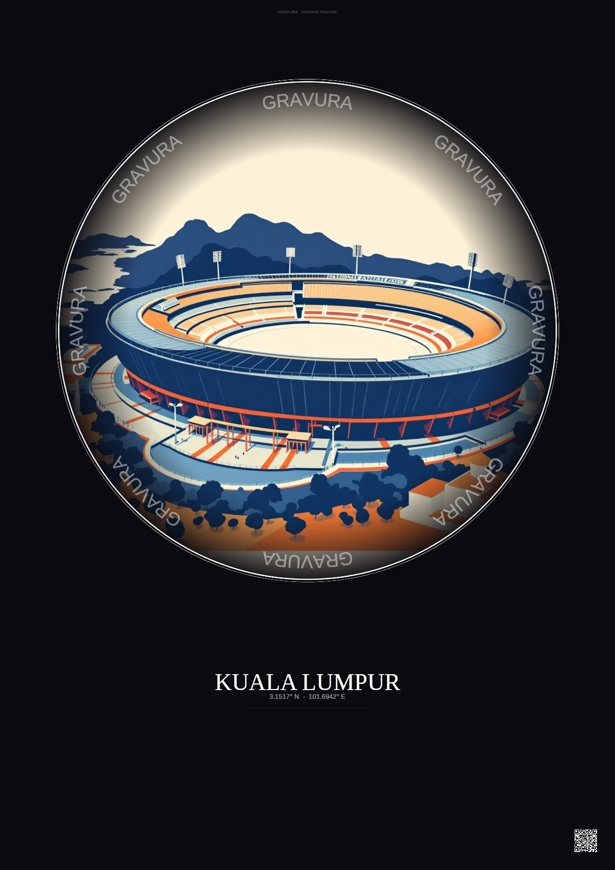 Affiche Kuala Lumpur – Poster illustration vintage – National Stadium Bukit Jalil | Gravura – Fond foncé