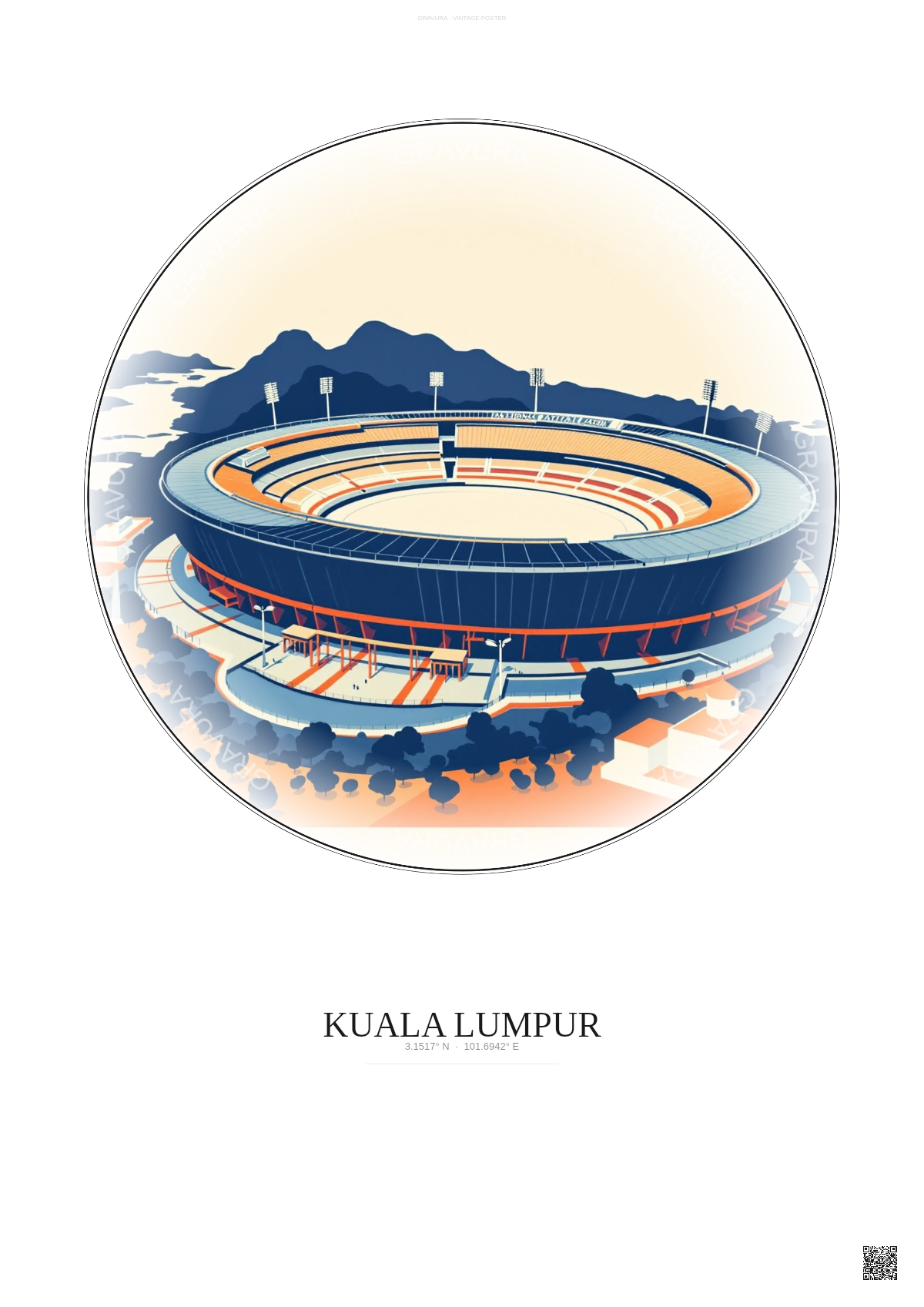 Affiche Kuala Lumpur – Poster illustration vintage – National Stadium Bukit Jalil | Gravura – Fond clair
