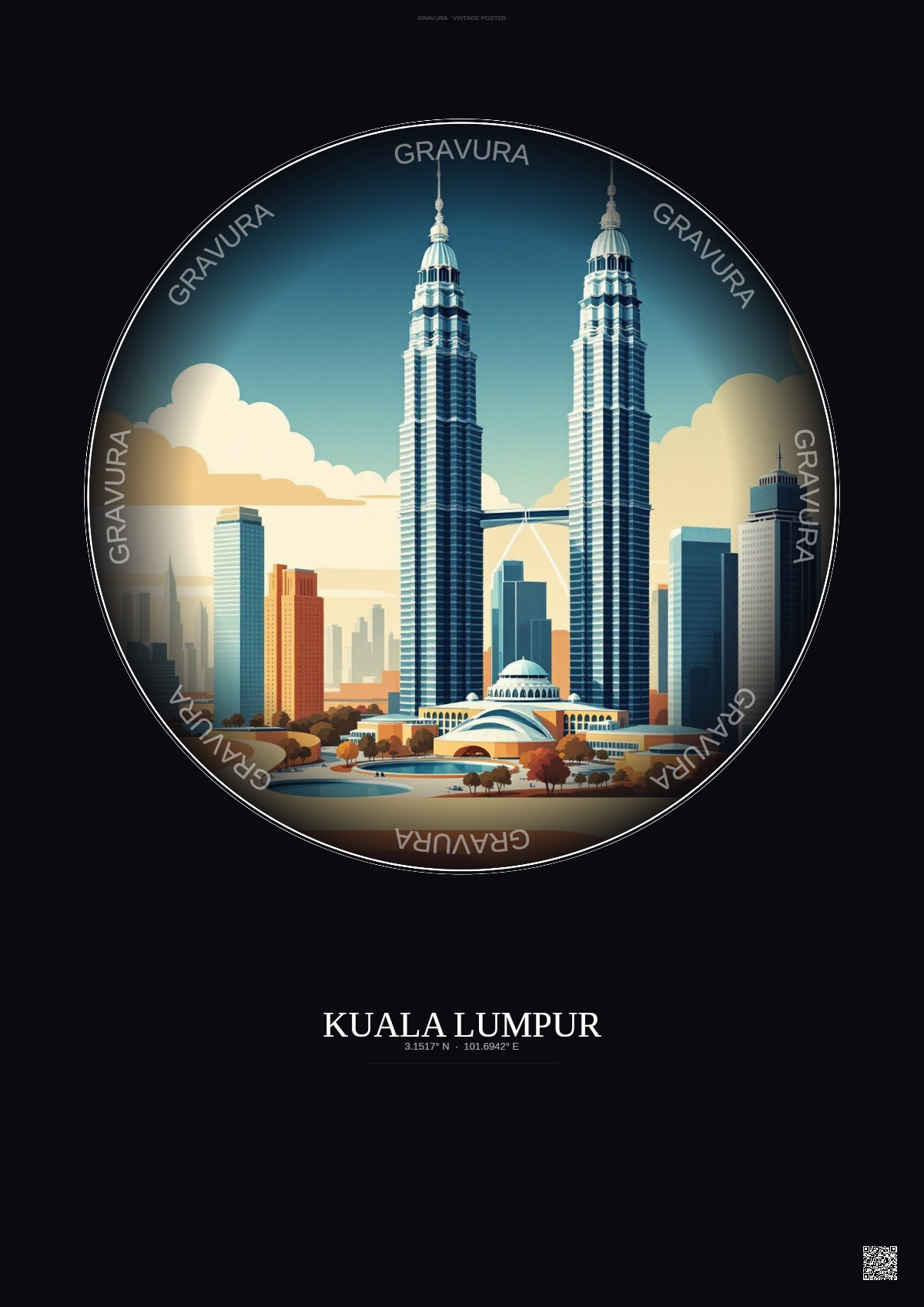Affiche Kuala Lumpur – Poster illustration vintage – Petronas Towers | Gravura – Fond foncé