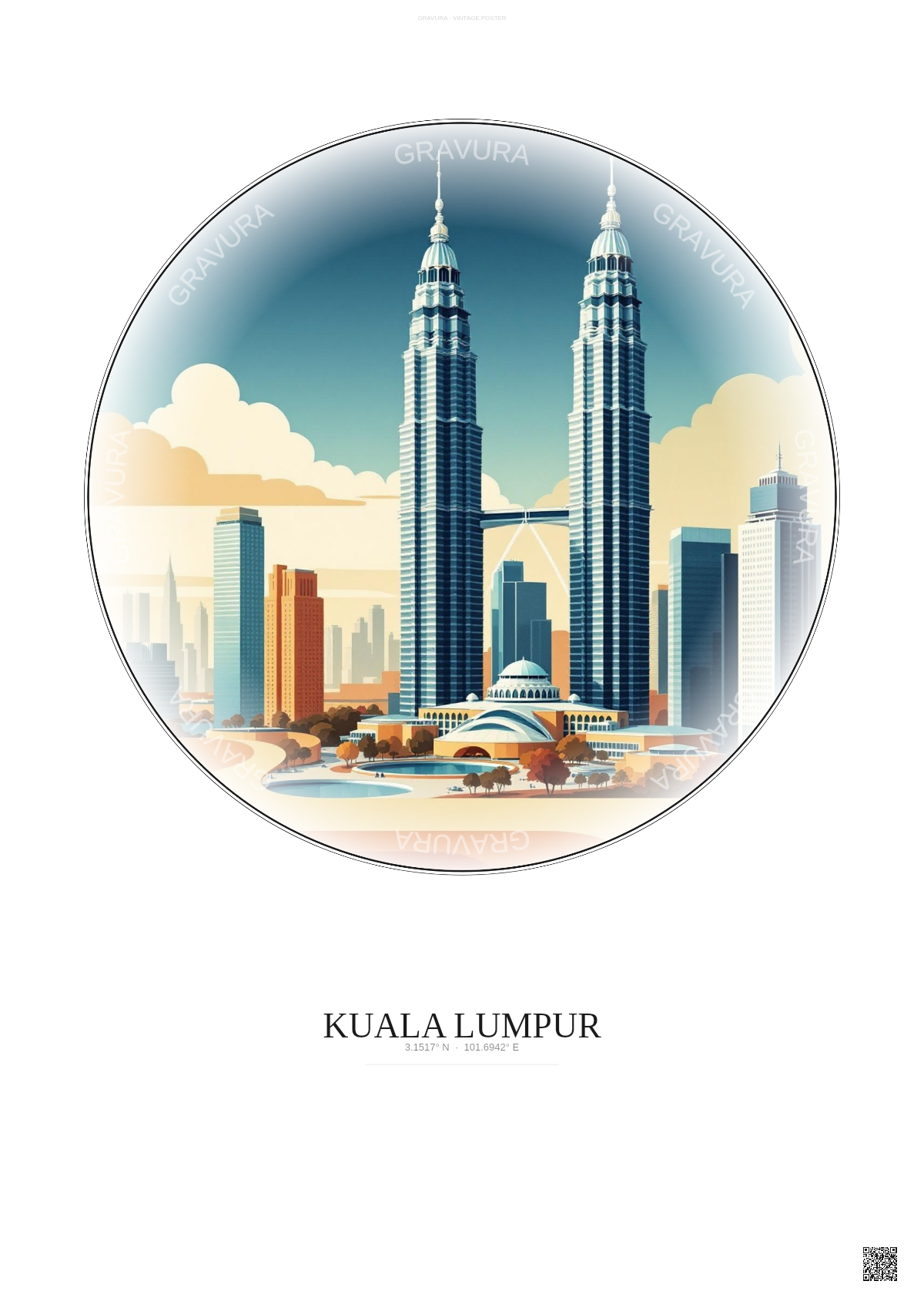 Affiche Kuala Lumpur – Poster illustration vintage – Petronas Towers | Gravura – Fond clair