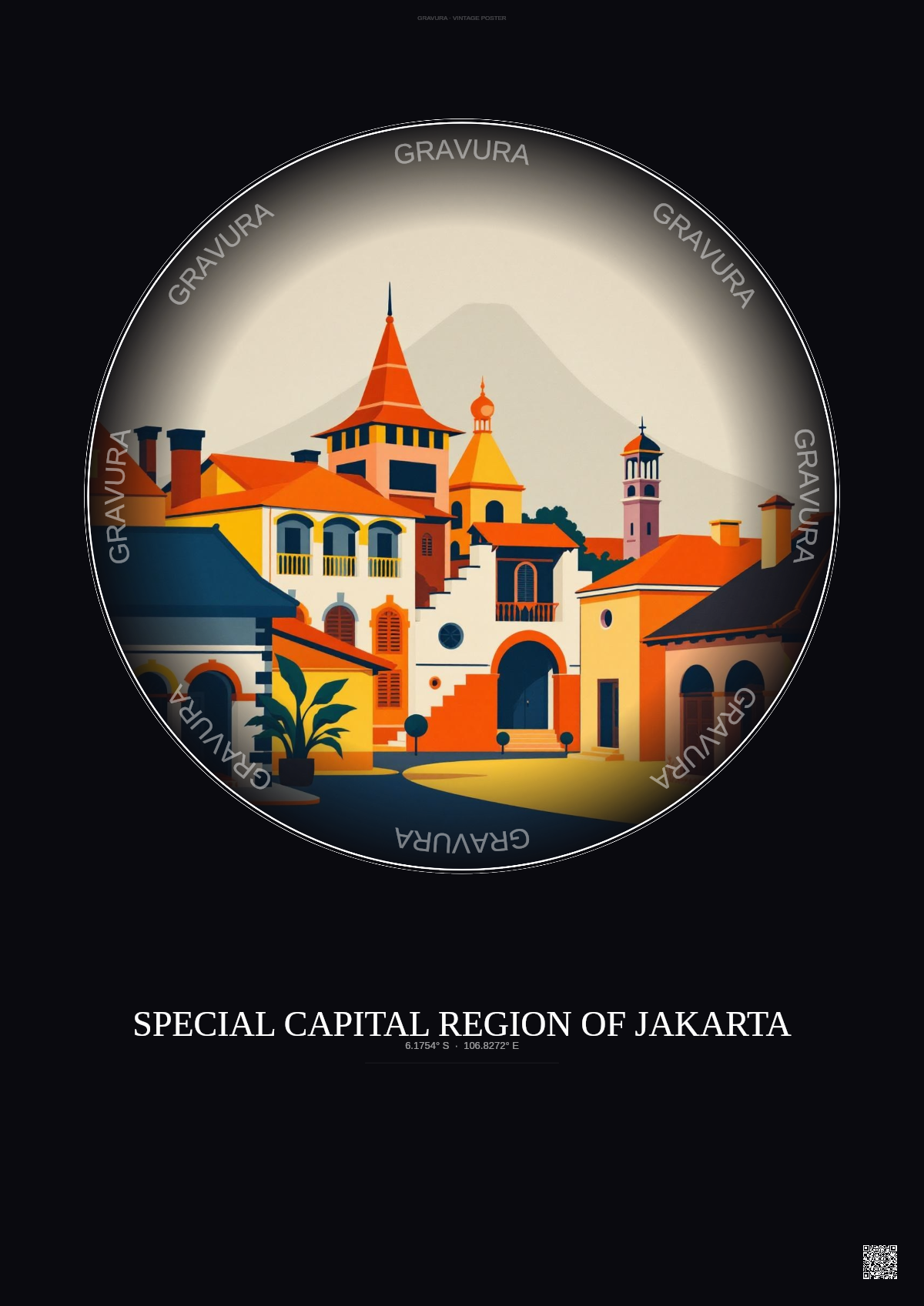 Affiche Special Capital Region Of Jakarta – Poster illustration vintage – Historic Old Town Of Special Capital Region Of Jakarta | Gravura – Fond foncé