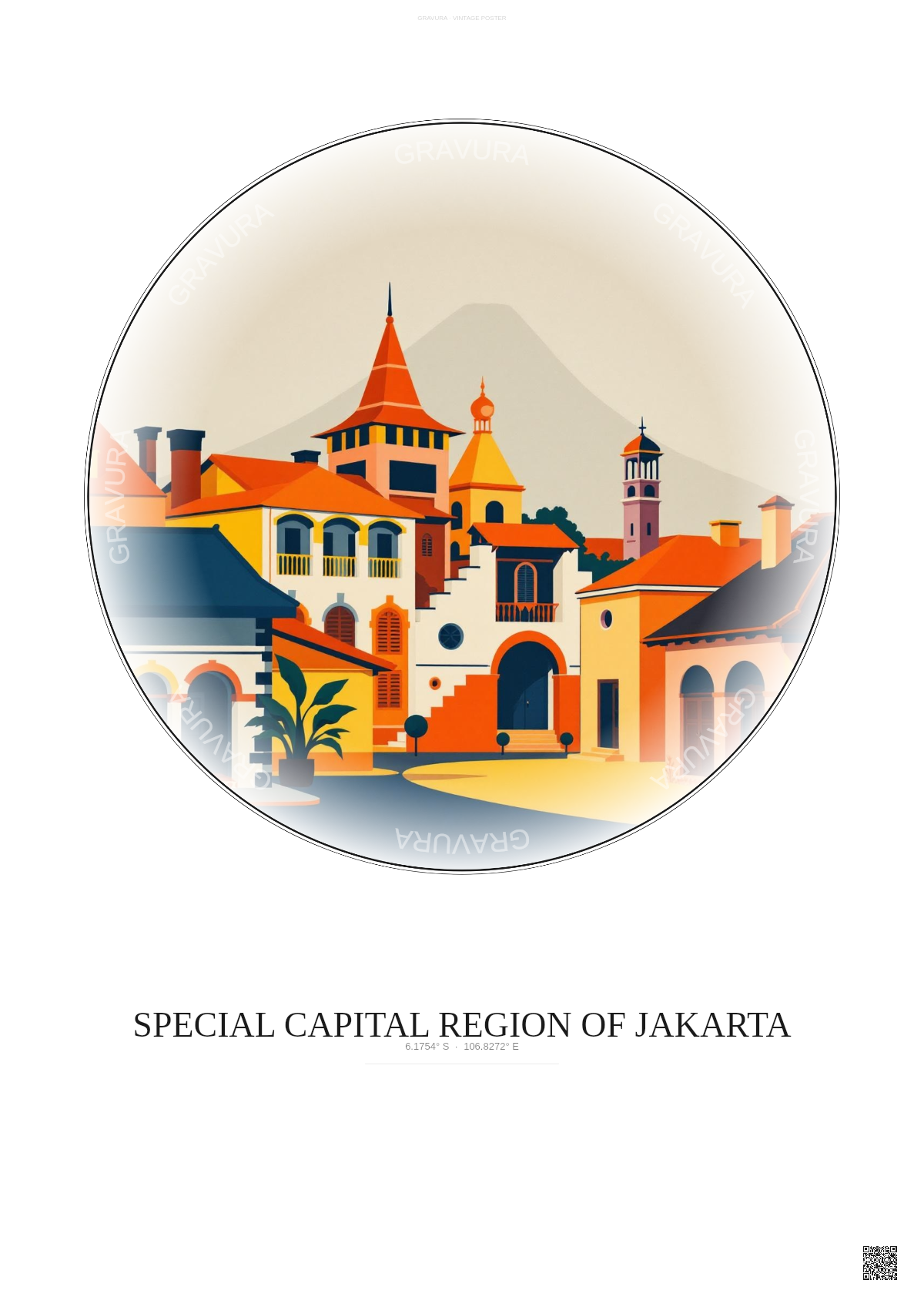 Affiche Special Capital Region Of Jakarta – Poster illustration vintage – Historic Old Town Of Special Capital Region Of Jakarta | Gravura – Fond clair