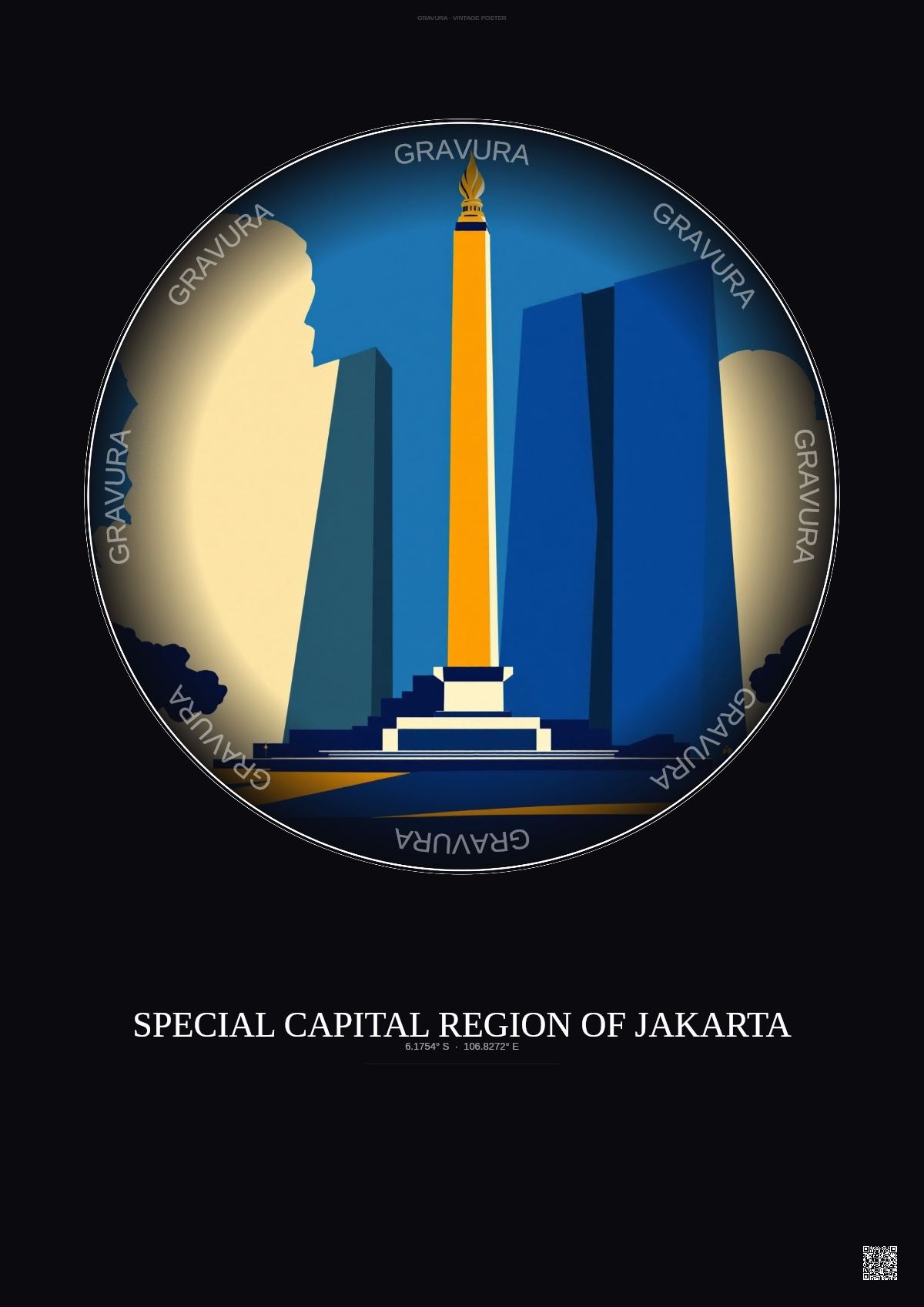 Affiche Special Capital Region Of Jakarta – Poster illustration vintage – Most Iconic Landmark Of Special Capital Region Of Jakarta | Gravura – Fond foncé