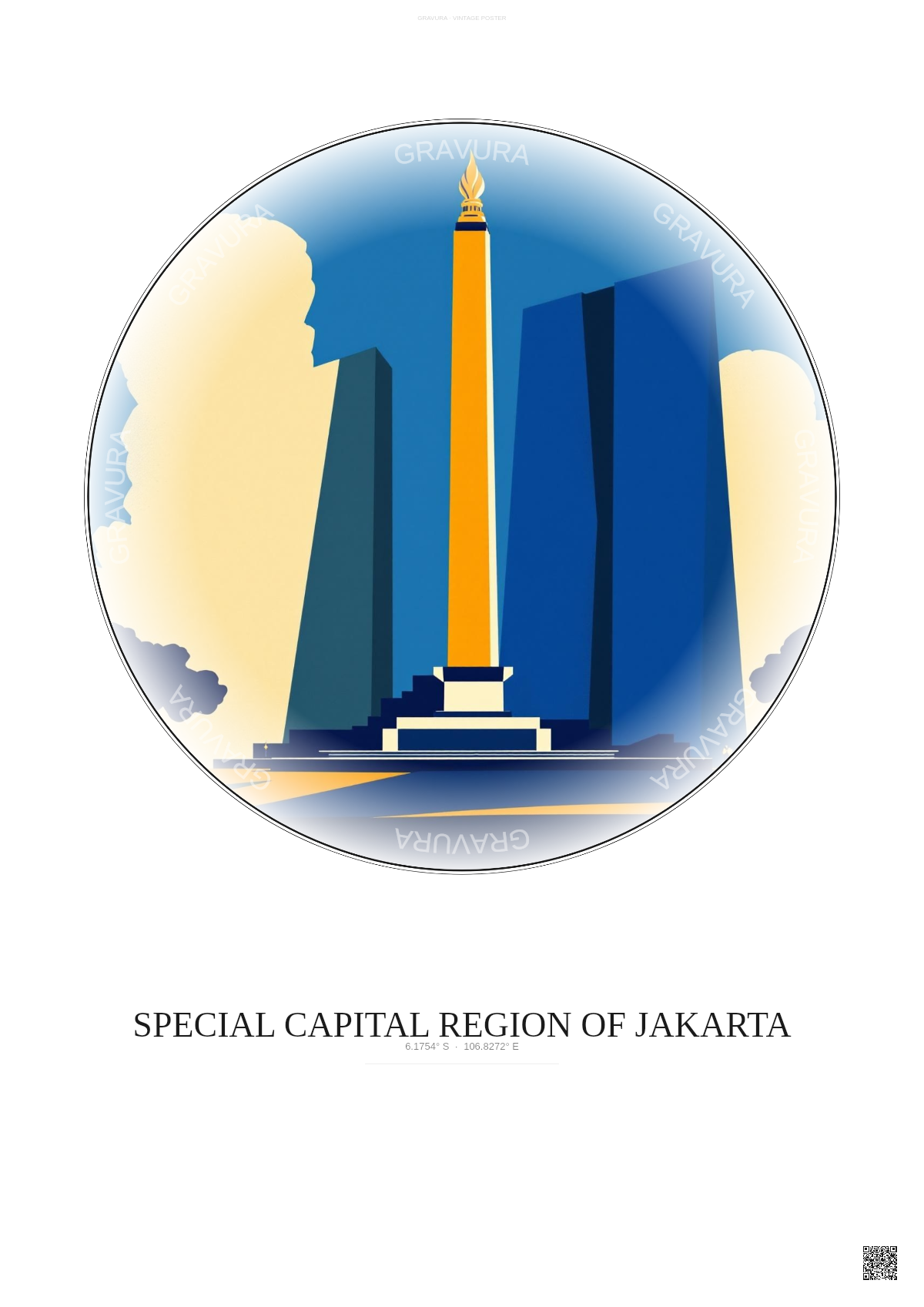 Affiche Special Capital Region Of Jakarta – Poster illustration vintage – Most Iconic Landmark Of Special Capital Region Of Jakarta | Gravura – Fond clair