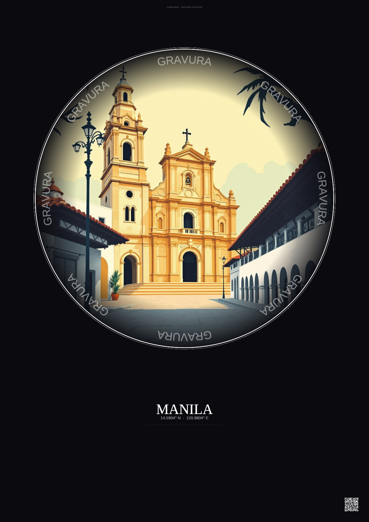 Affiche Manila – Poster illustration vintage – San Agustin Church | Gravura – Fond foncé