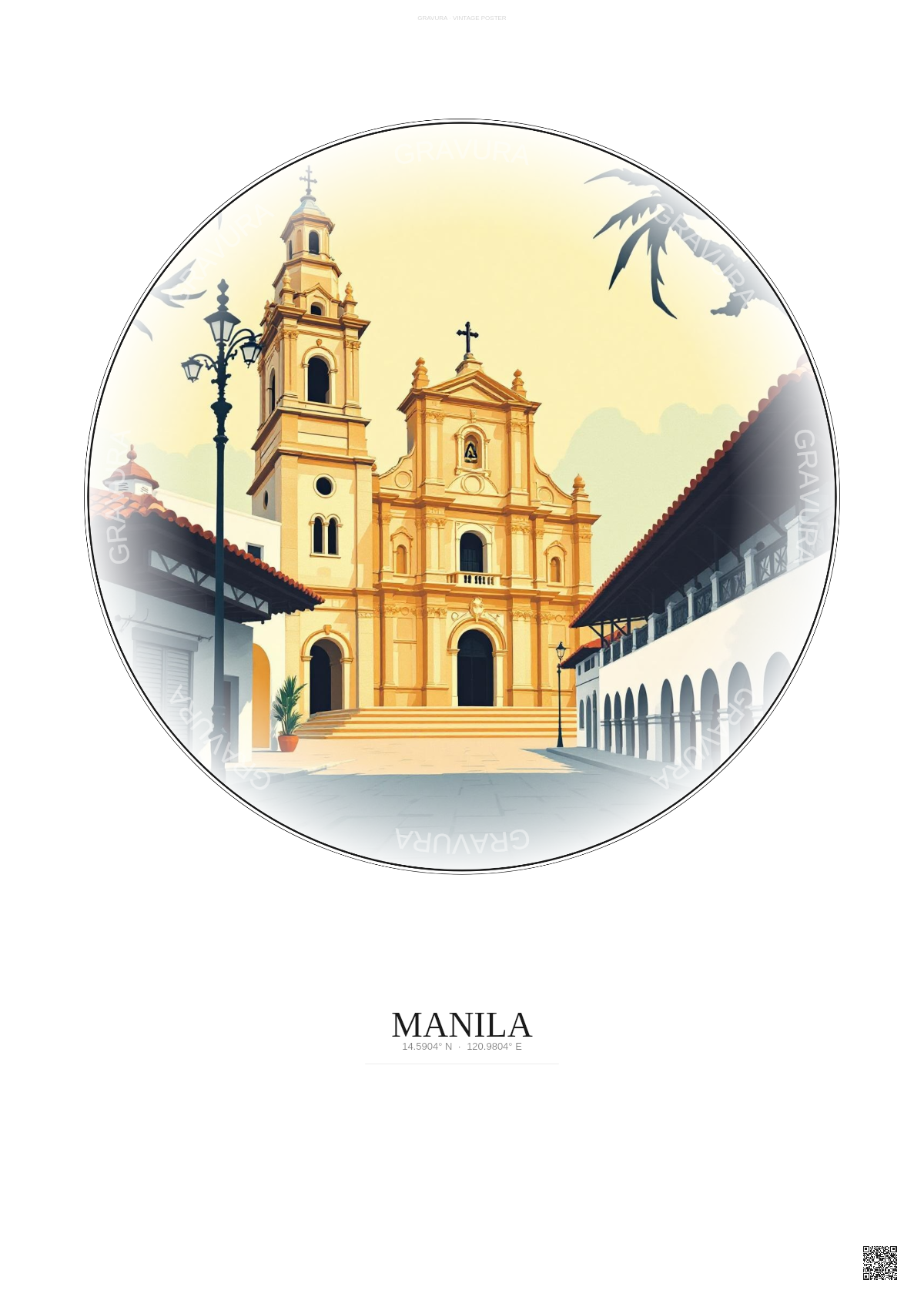 Affiche Manila – Poster illustration vintage – San Agustin Church | Gravura – Fond clair