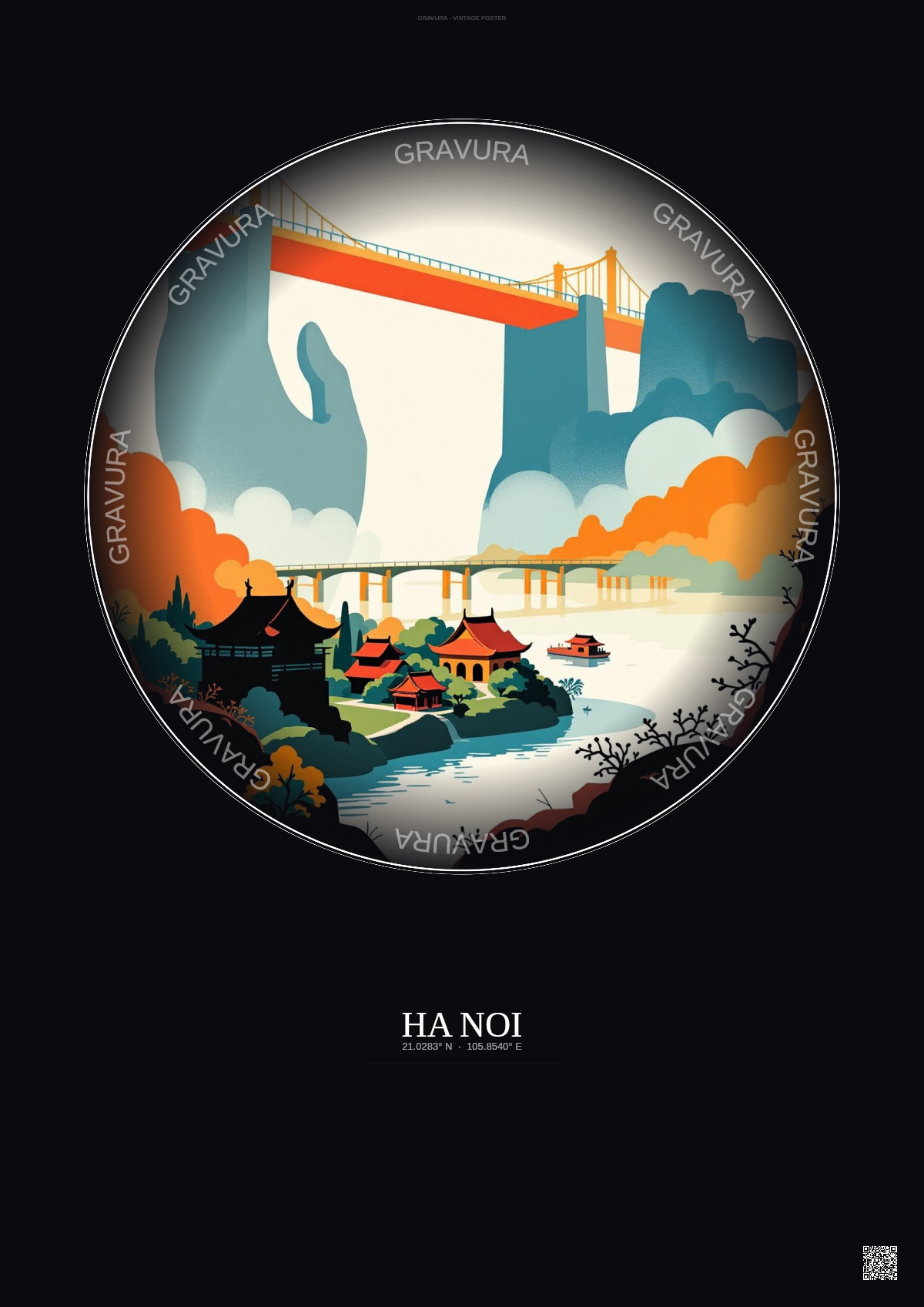 Affiche Ha Noi – Poster illustration vintage – Famous Viewpoint Of Ha Noi | Gravura – Fond foncé