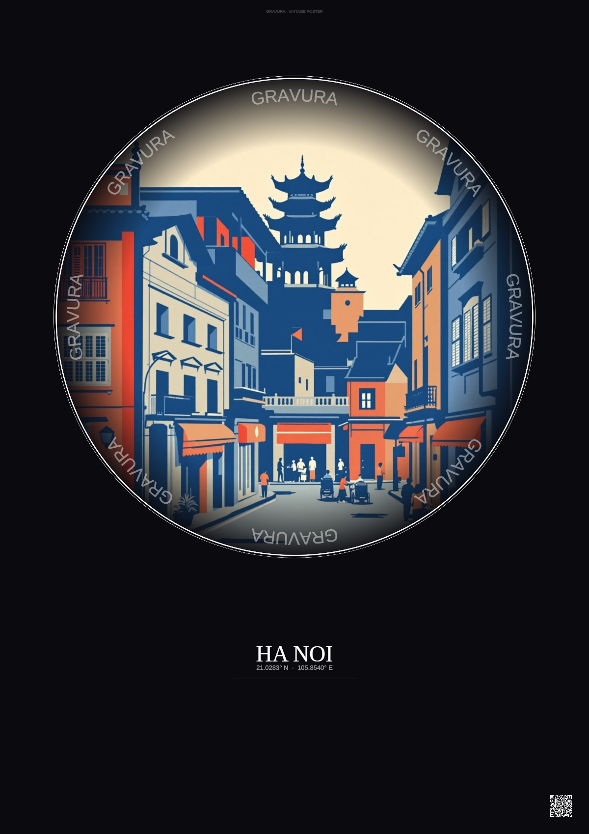 Affiche Ha Noi – Poster illustration vintage – Historic Old Town Of Ha Noi | Gravura – Fond foncé