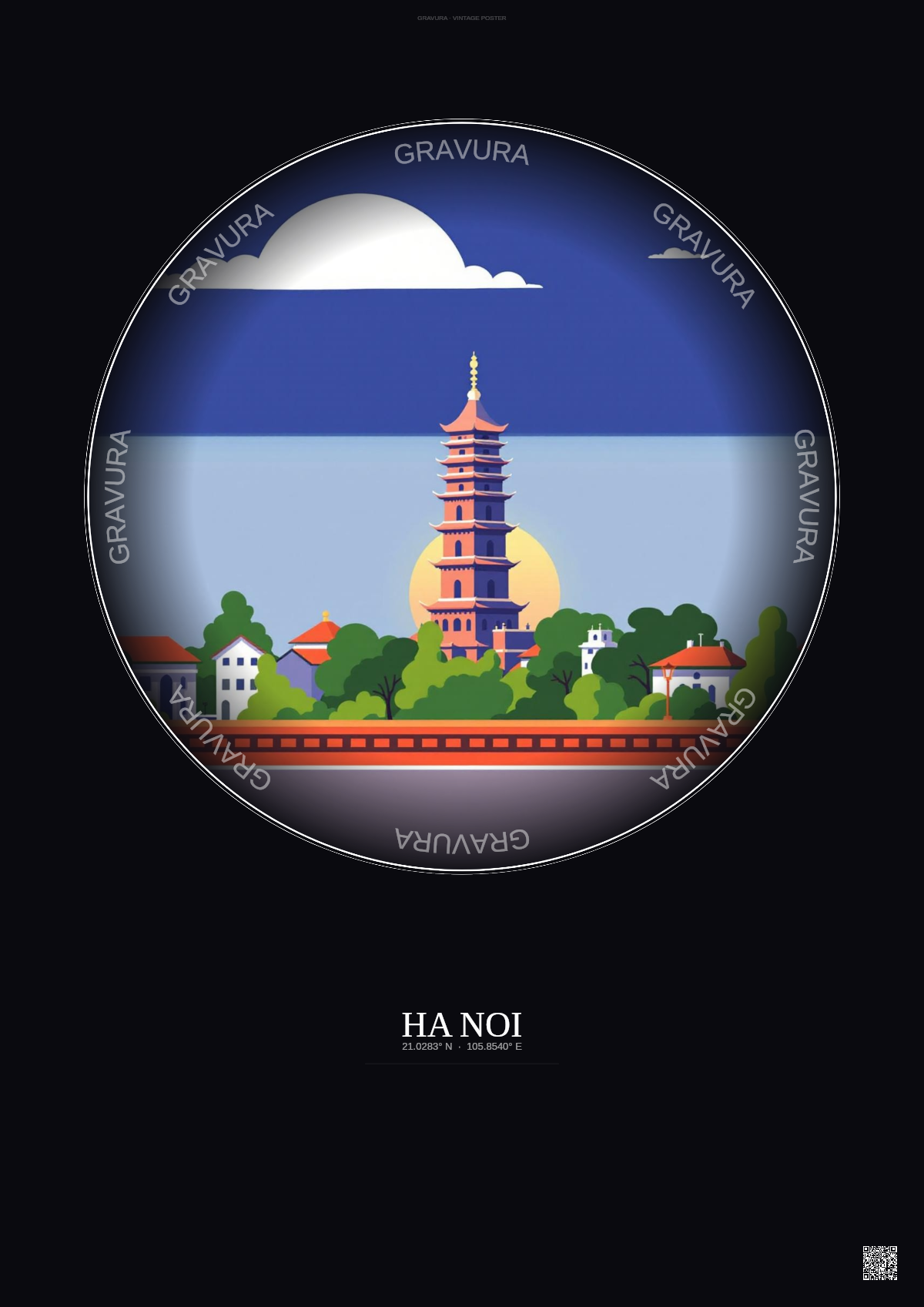 Affiche Ha Noi – Poster illustration vintage – Most Iconic Landmark Of Ha Noi | Gravura – Fond foncé
